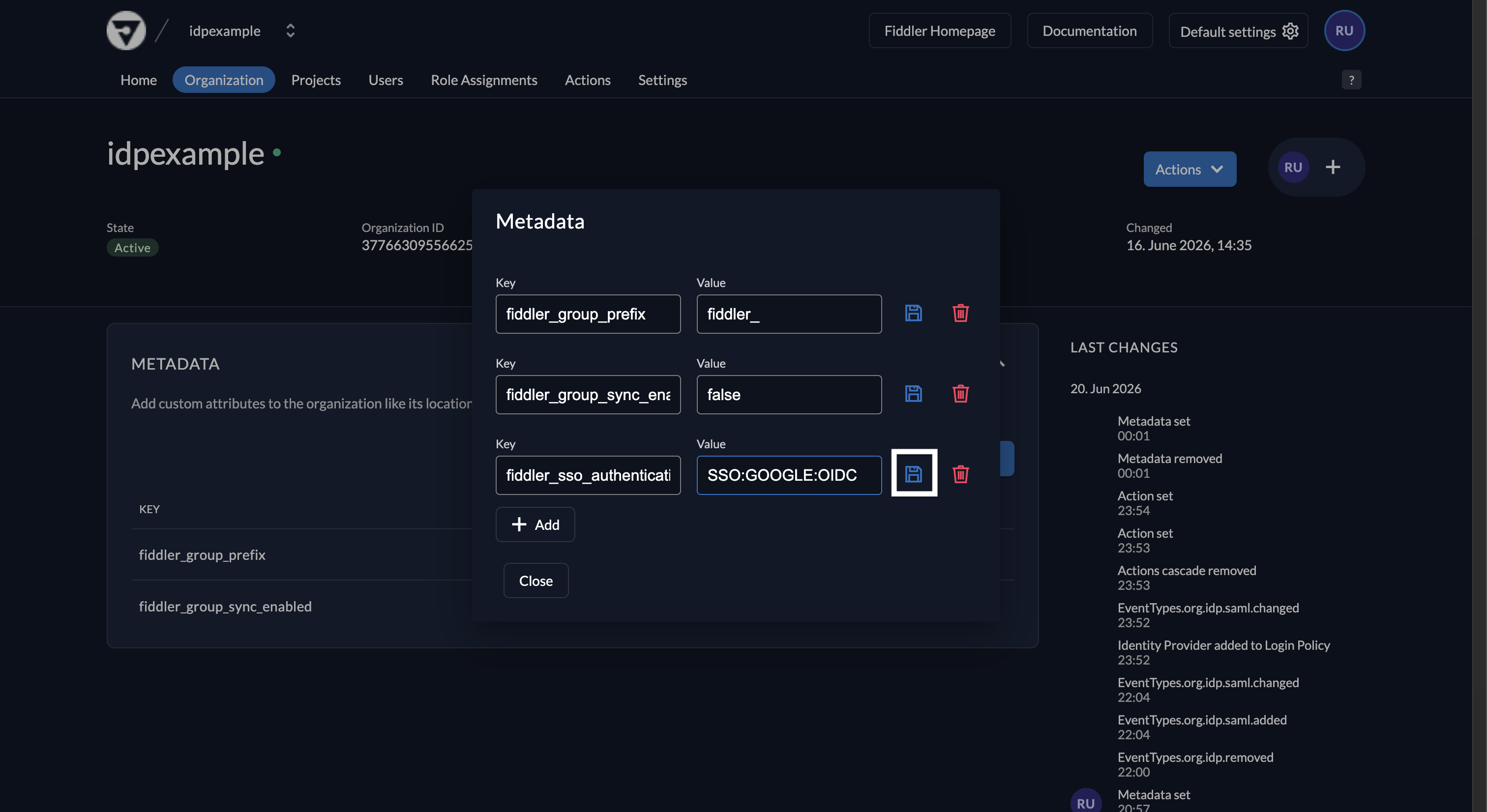 Fiddler AuthN console organization metadata with Google OIDC authentication type