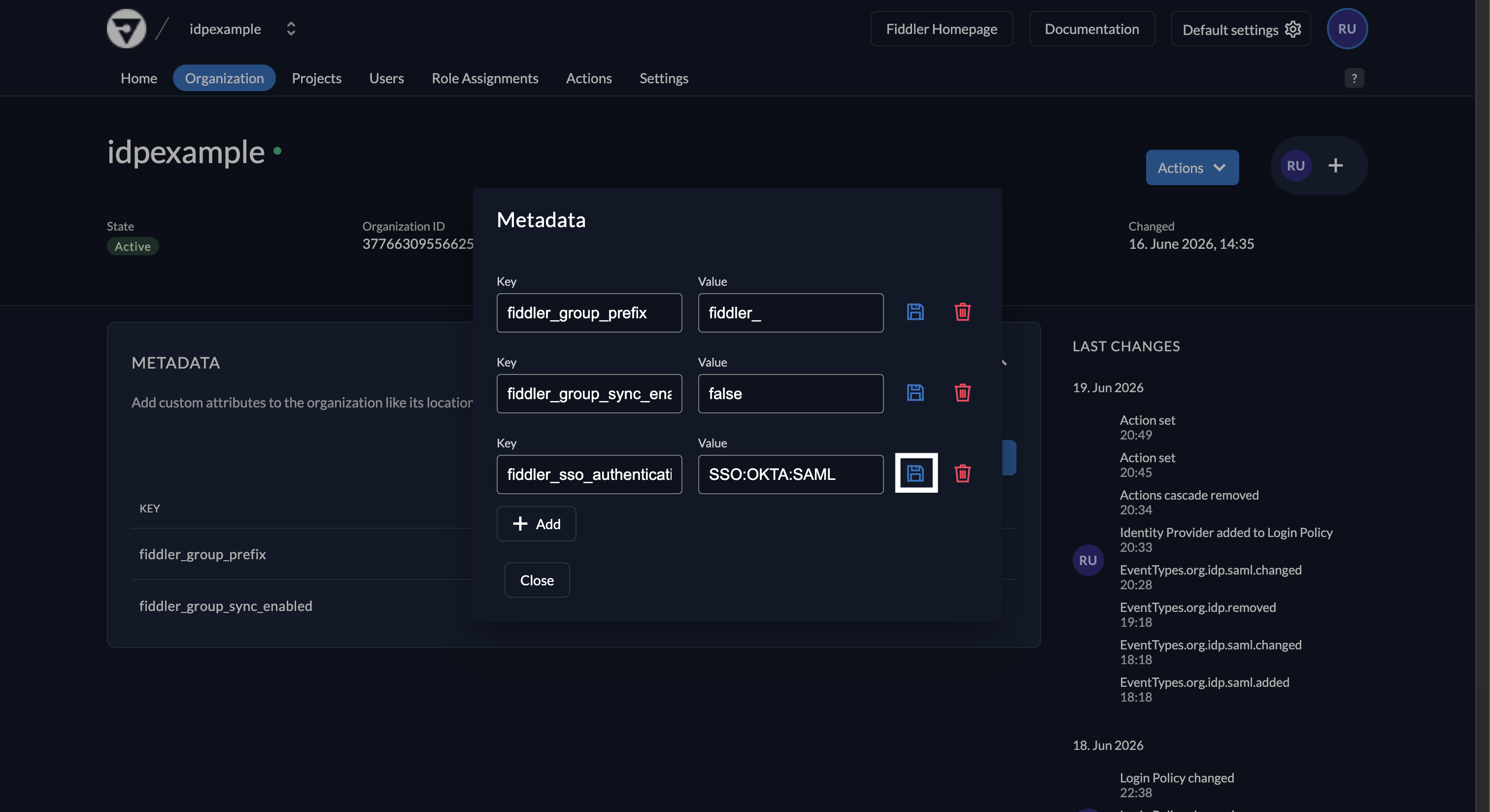 Fiddler AuthN console organization metadata with Okta SAML authentication type