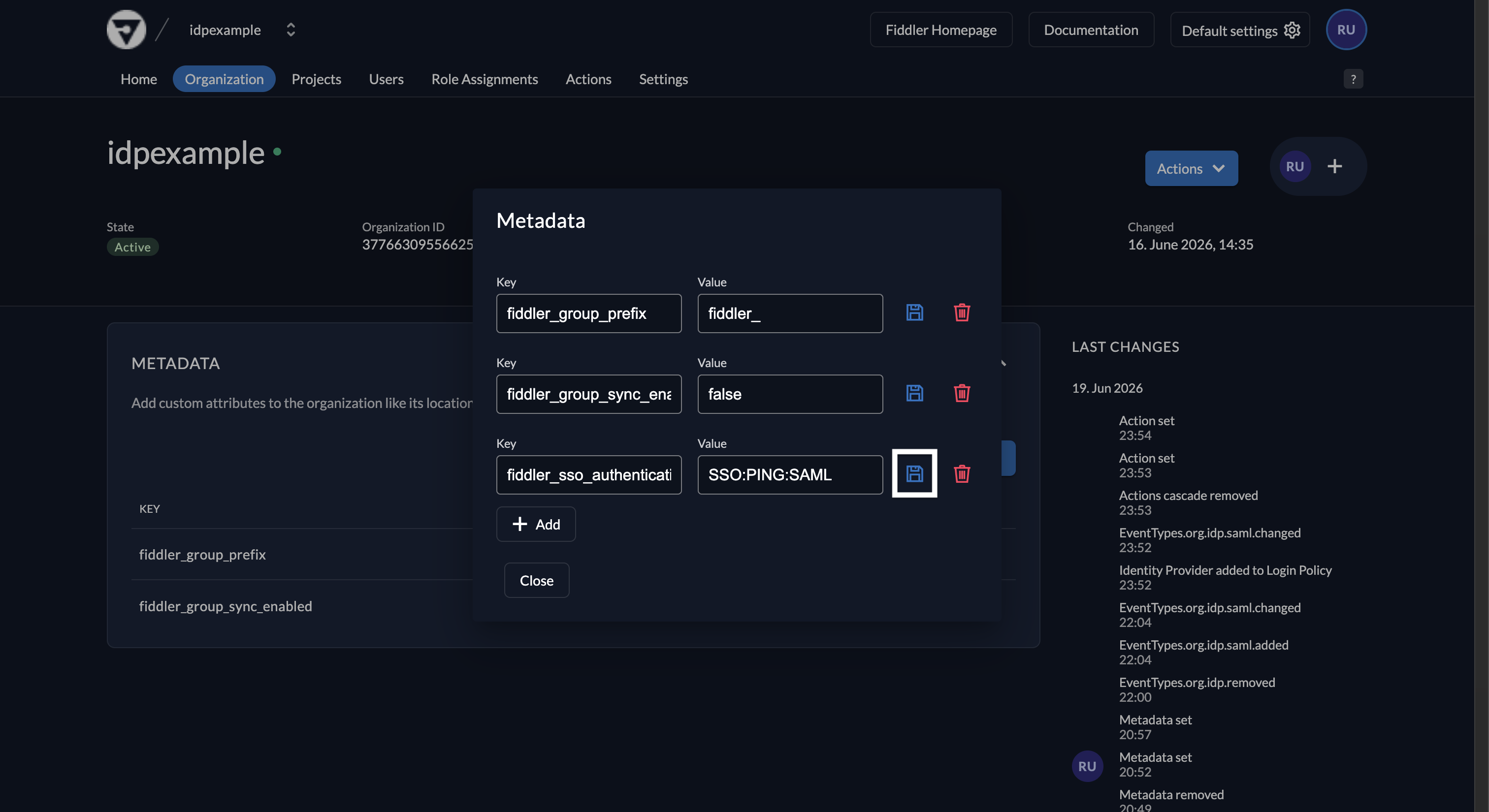 Fiddler AuthN console organization metadata with PingOne SAML authentication type