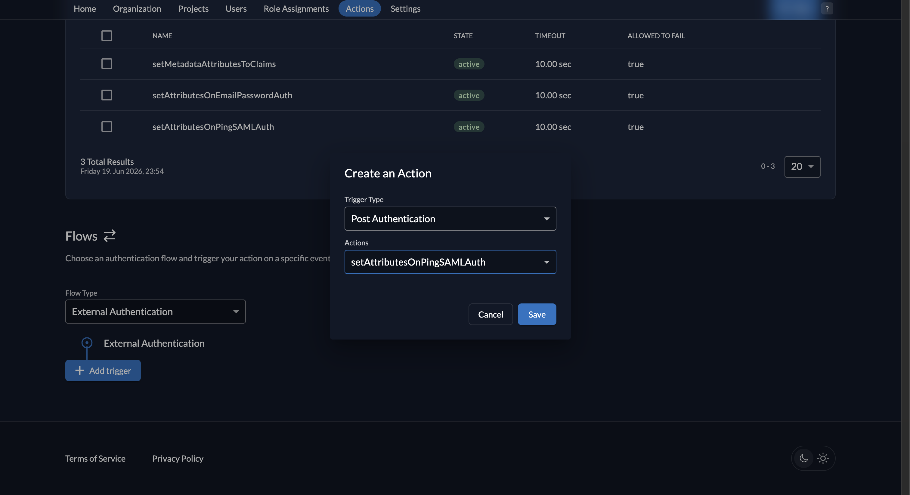 Fiddler AuthN console new Action trigger creation