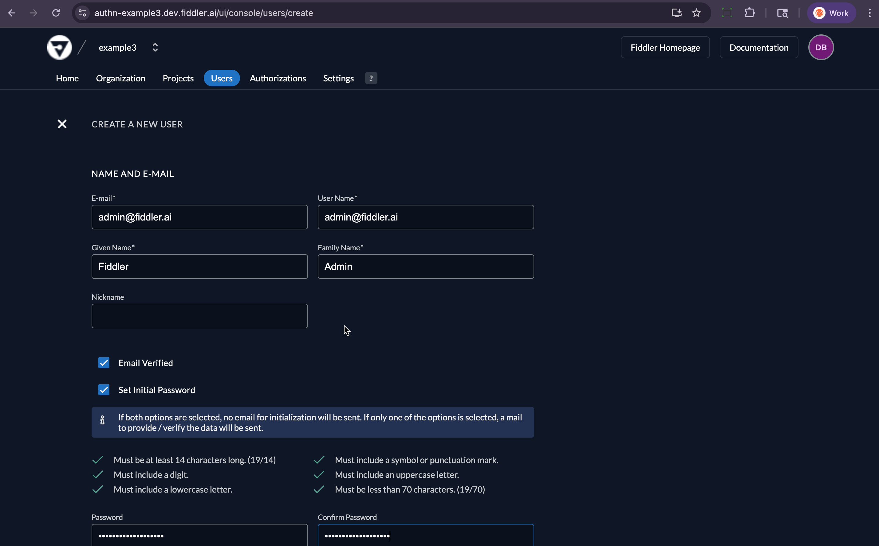 Authn console add new user form