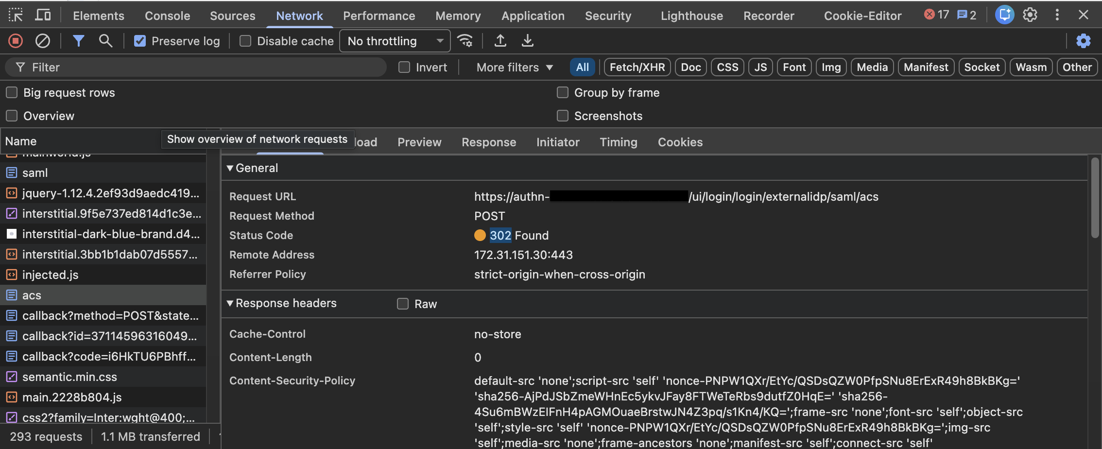 Chrome DevTools Network tab showing the SAML ACS POST request