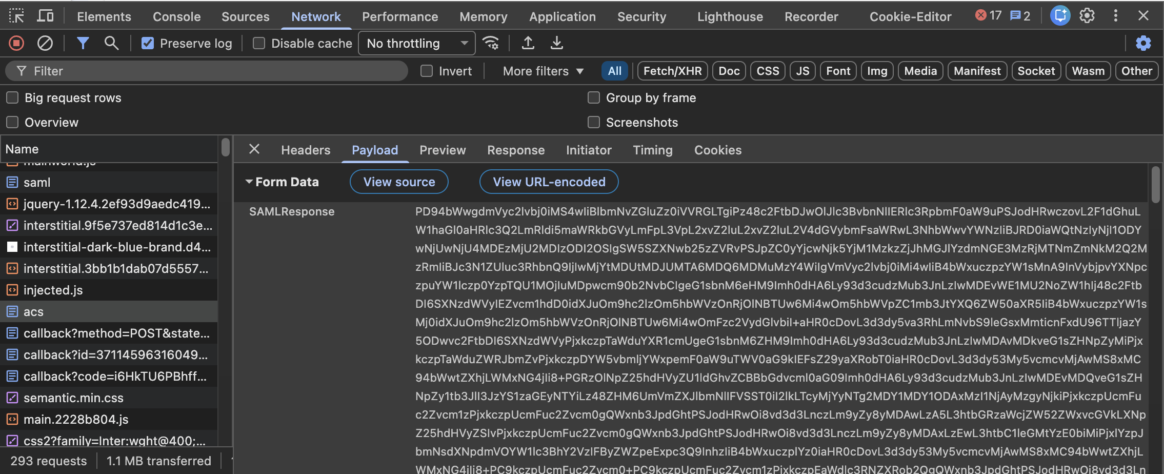 Chrome DevTools Payload tab showing the SAMLResponse value