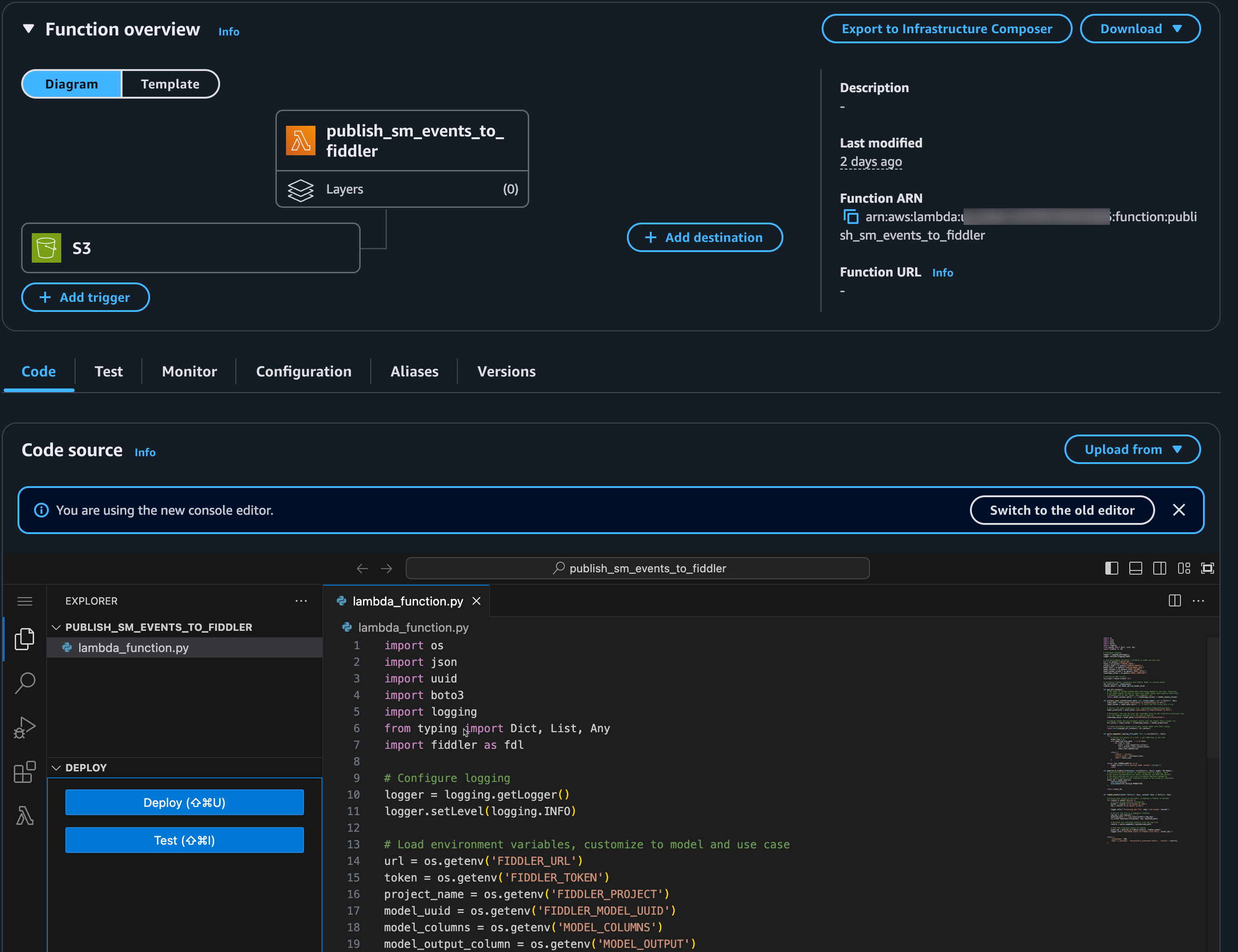 AWS Lambda function console on the main view showing the code tab and some of the code used in this guide.