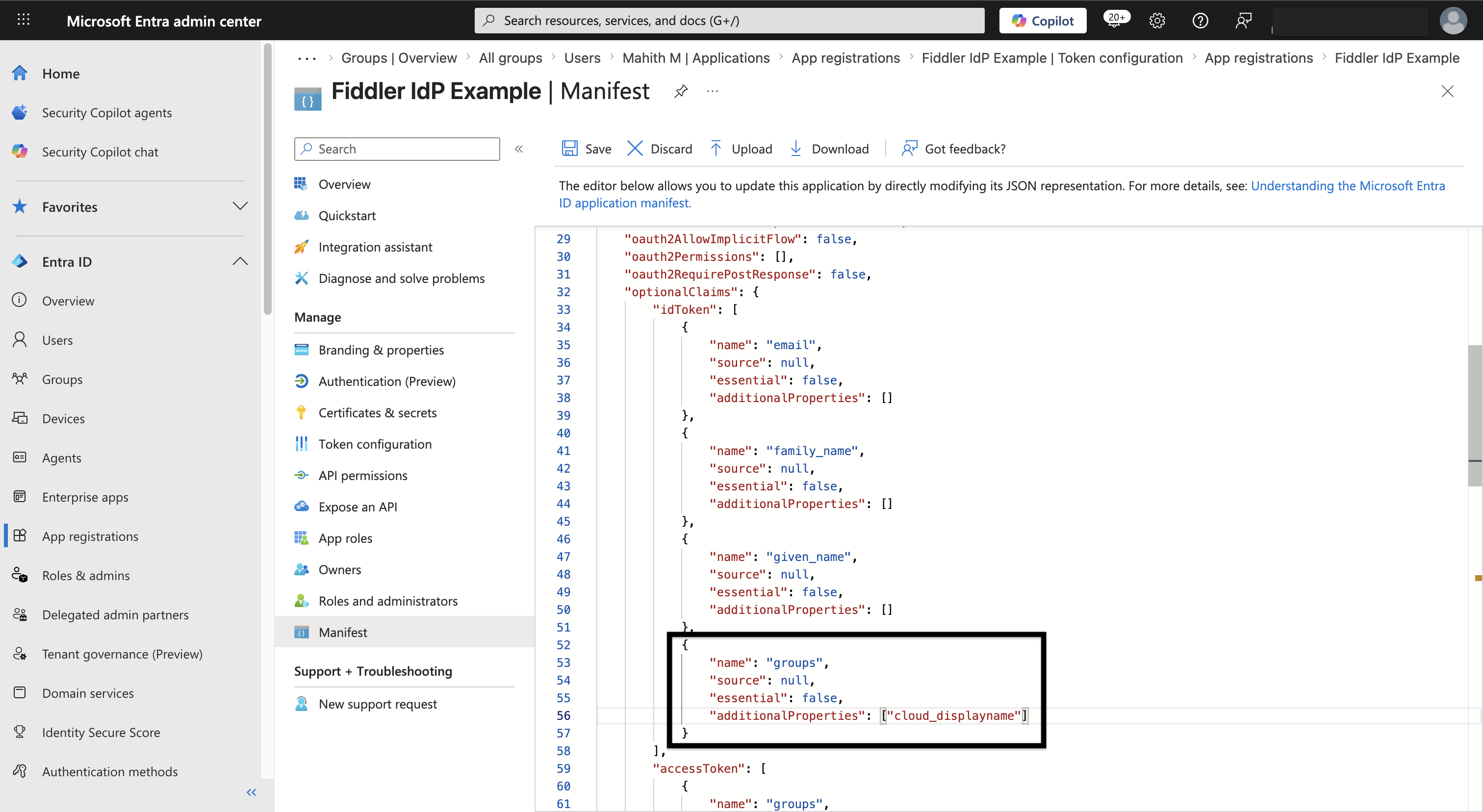 Microsoft Entra ID manifest groups claim cloud_displayname