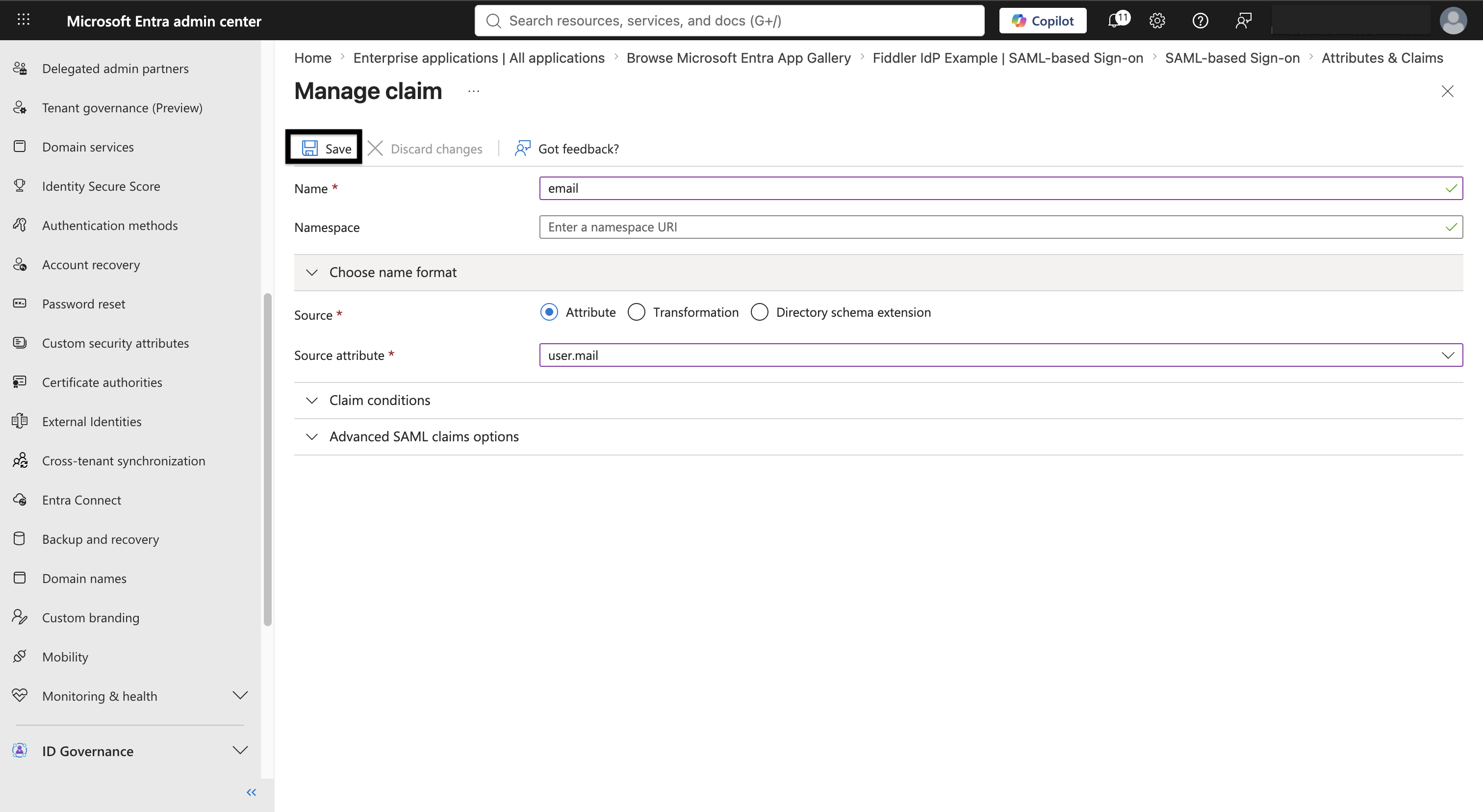 Microsoft Entra ID SAML attribute claims