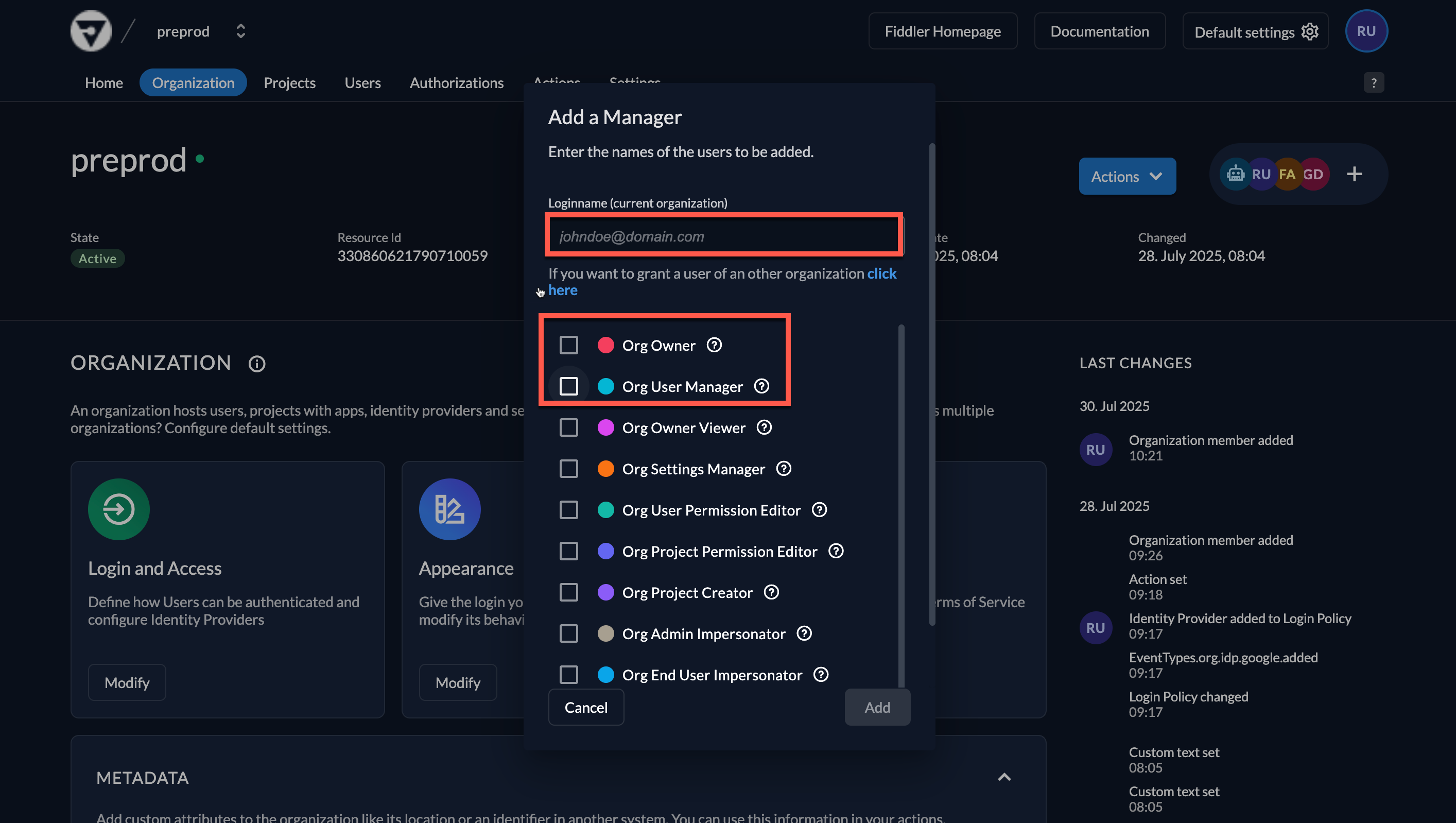 Selecting a role for a user in the Fiddler user management console