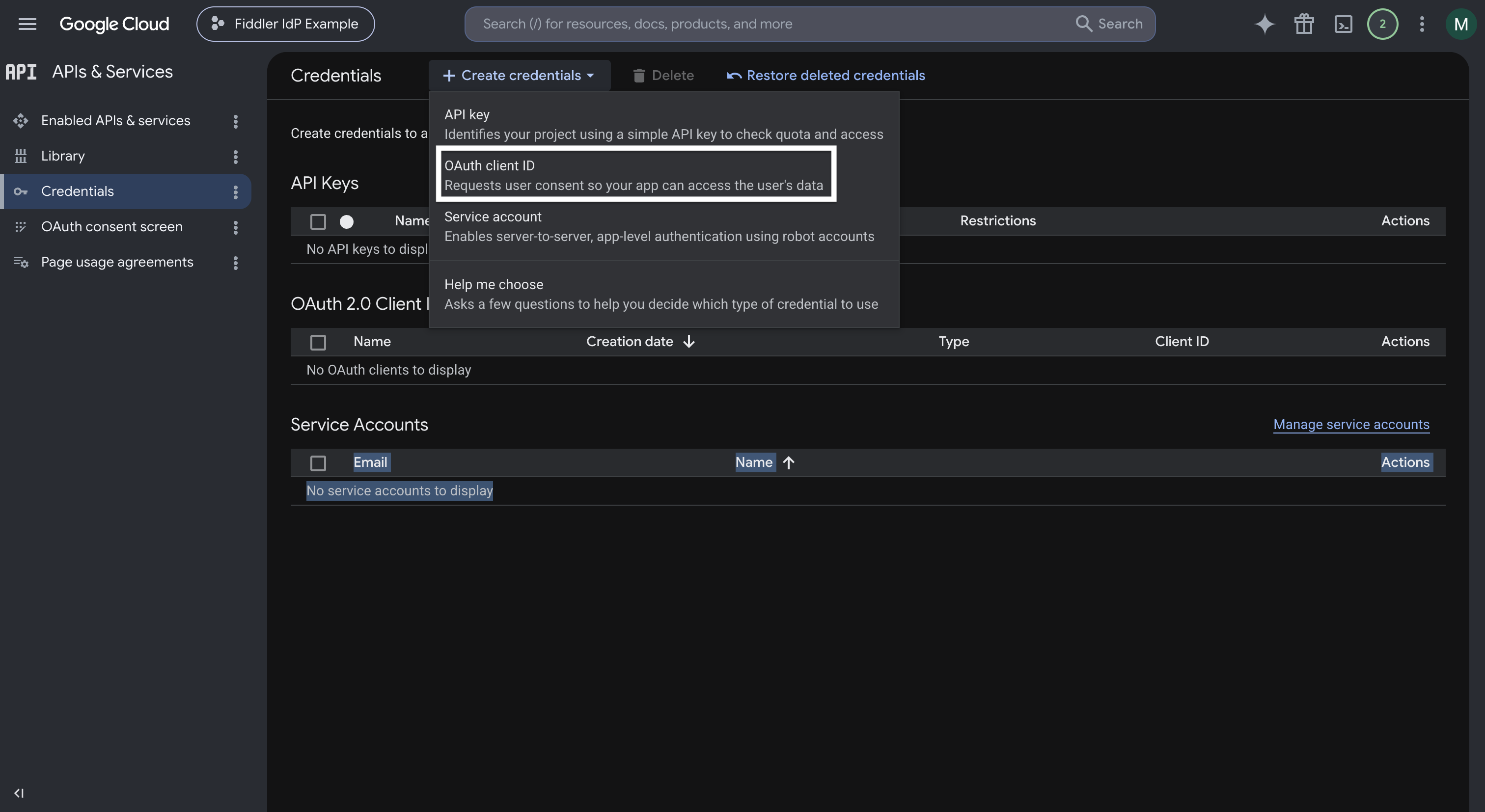 Google Cloud create OAuth client
