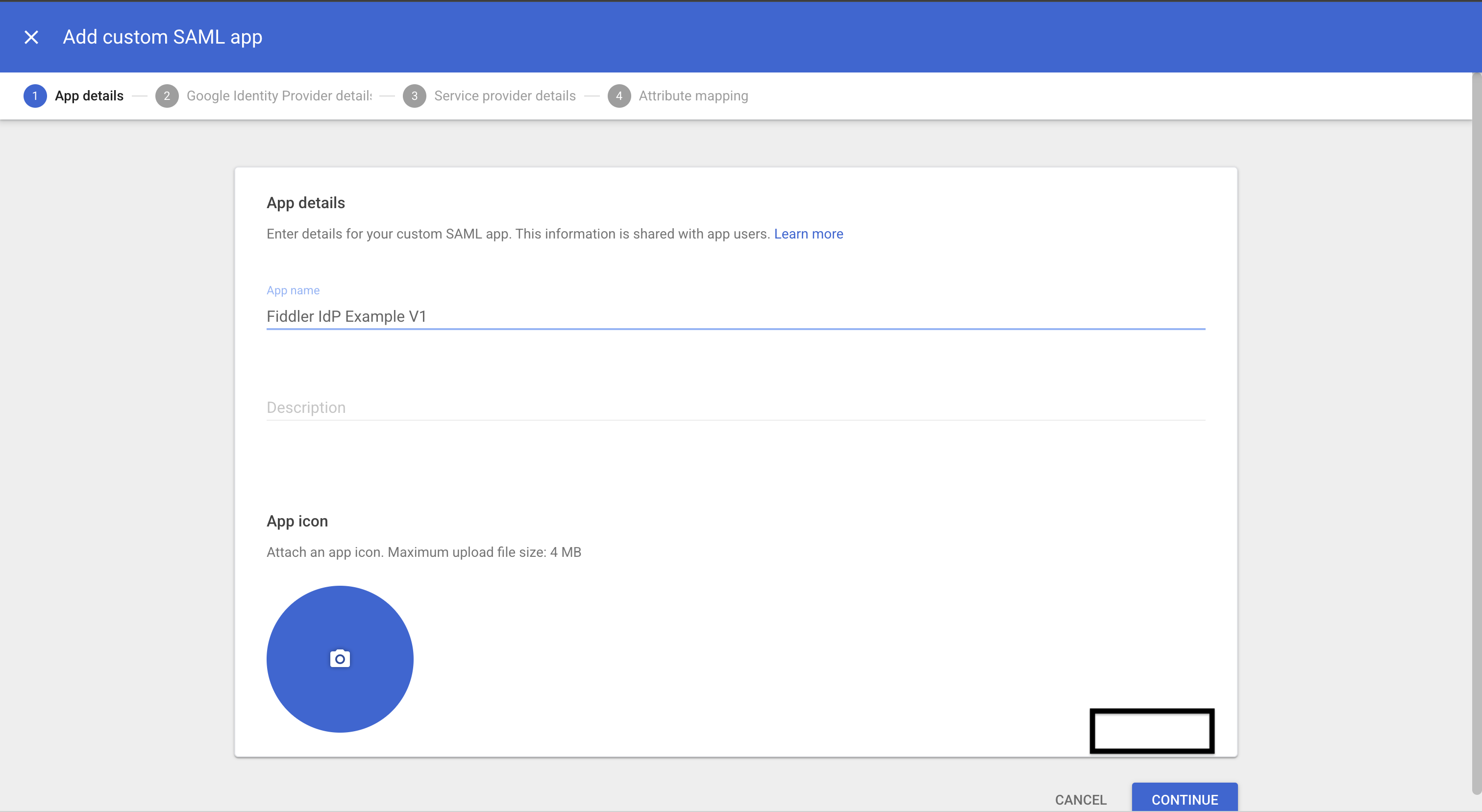 Google Admin console custom SAML app name entry