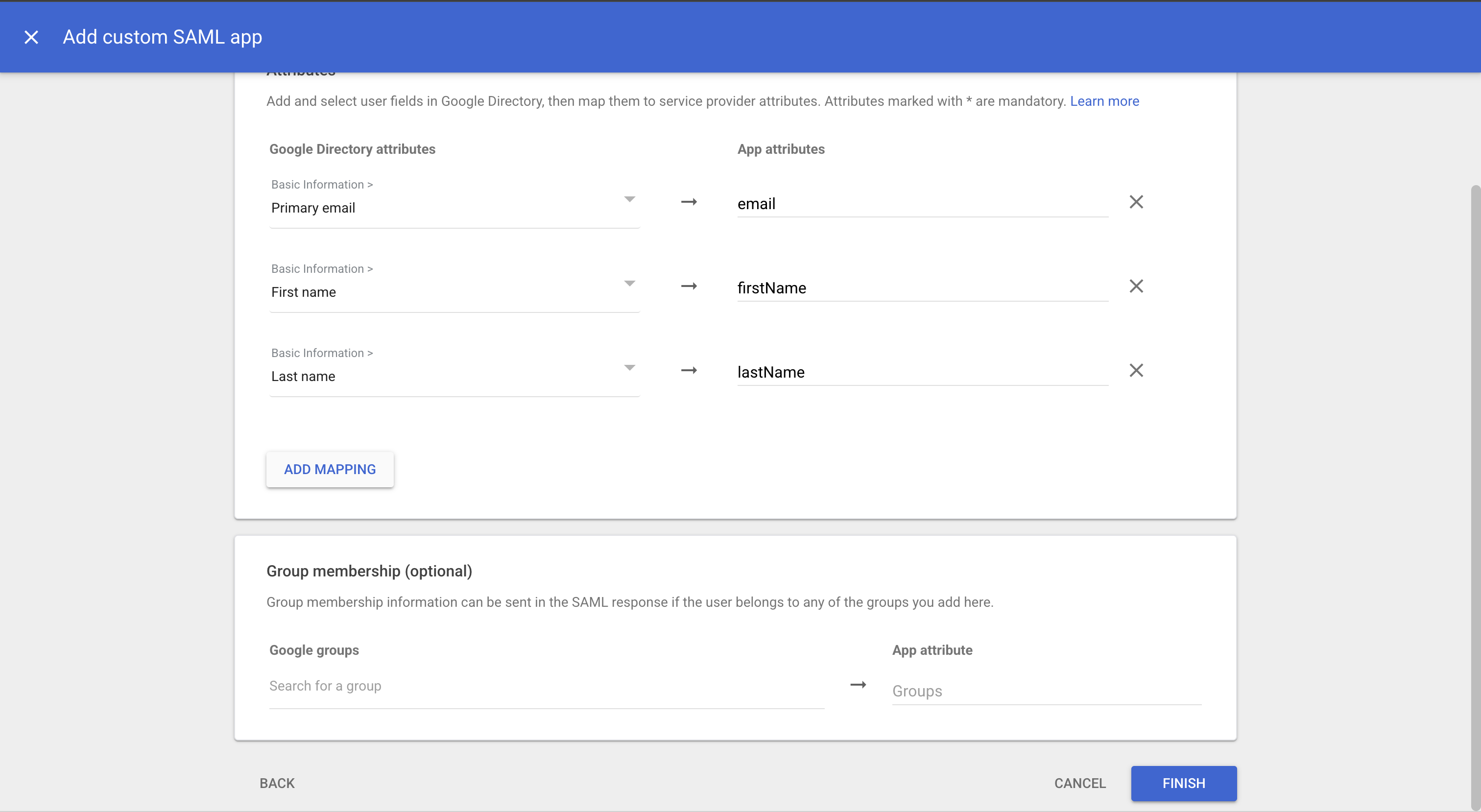 Google Admin console SAML attribute mapping