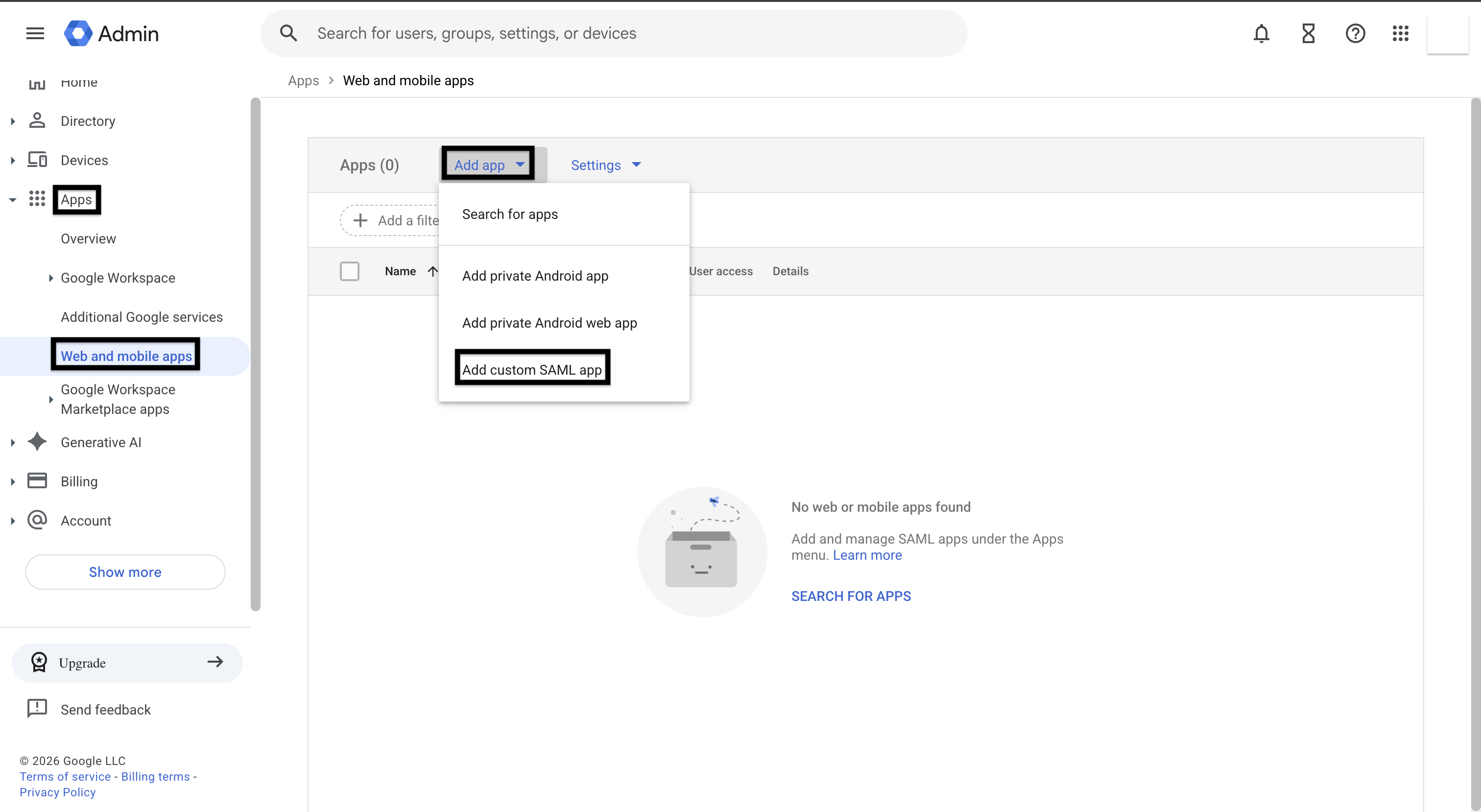 Google Admin console Web and mobile apps page with the Add custom SAML app option
