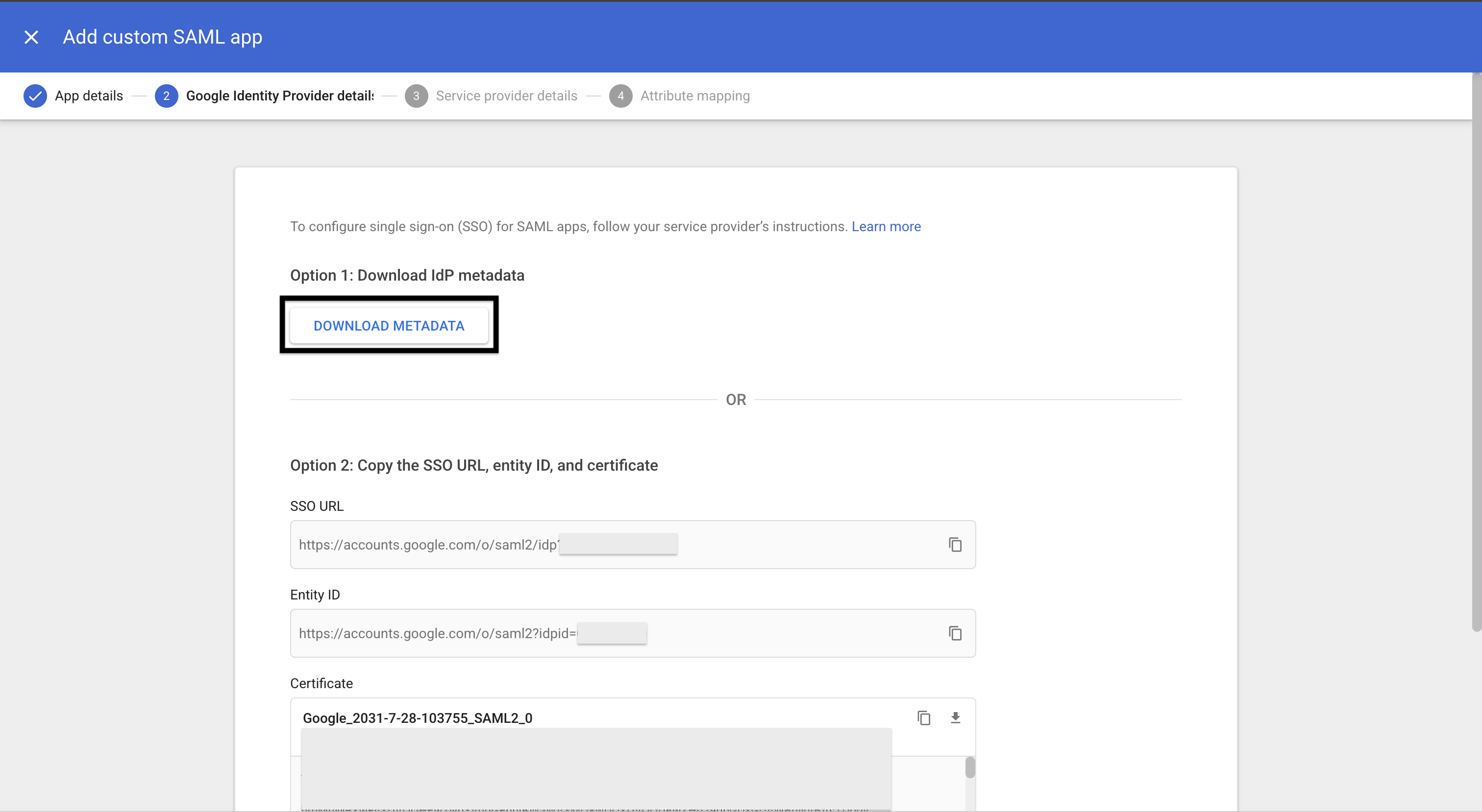 Google Admin console SAML identity provider details with the metadata download