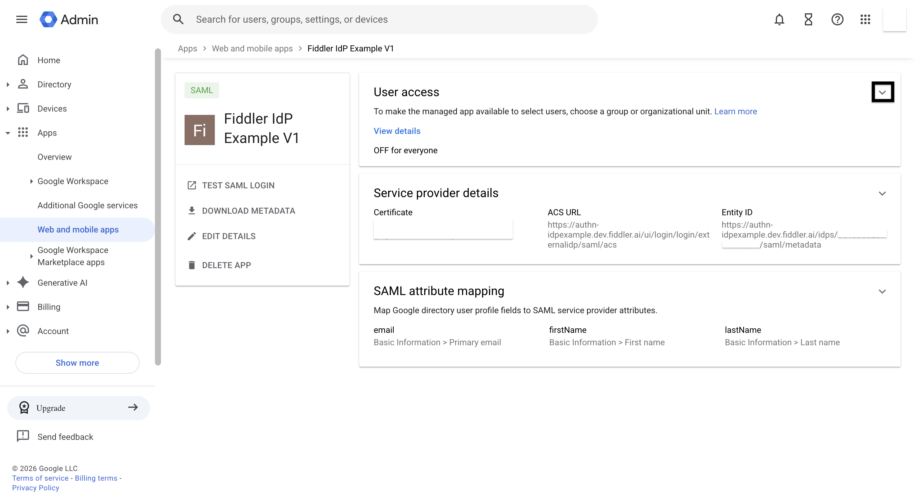 Google Admin console SAML app page with the User access section