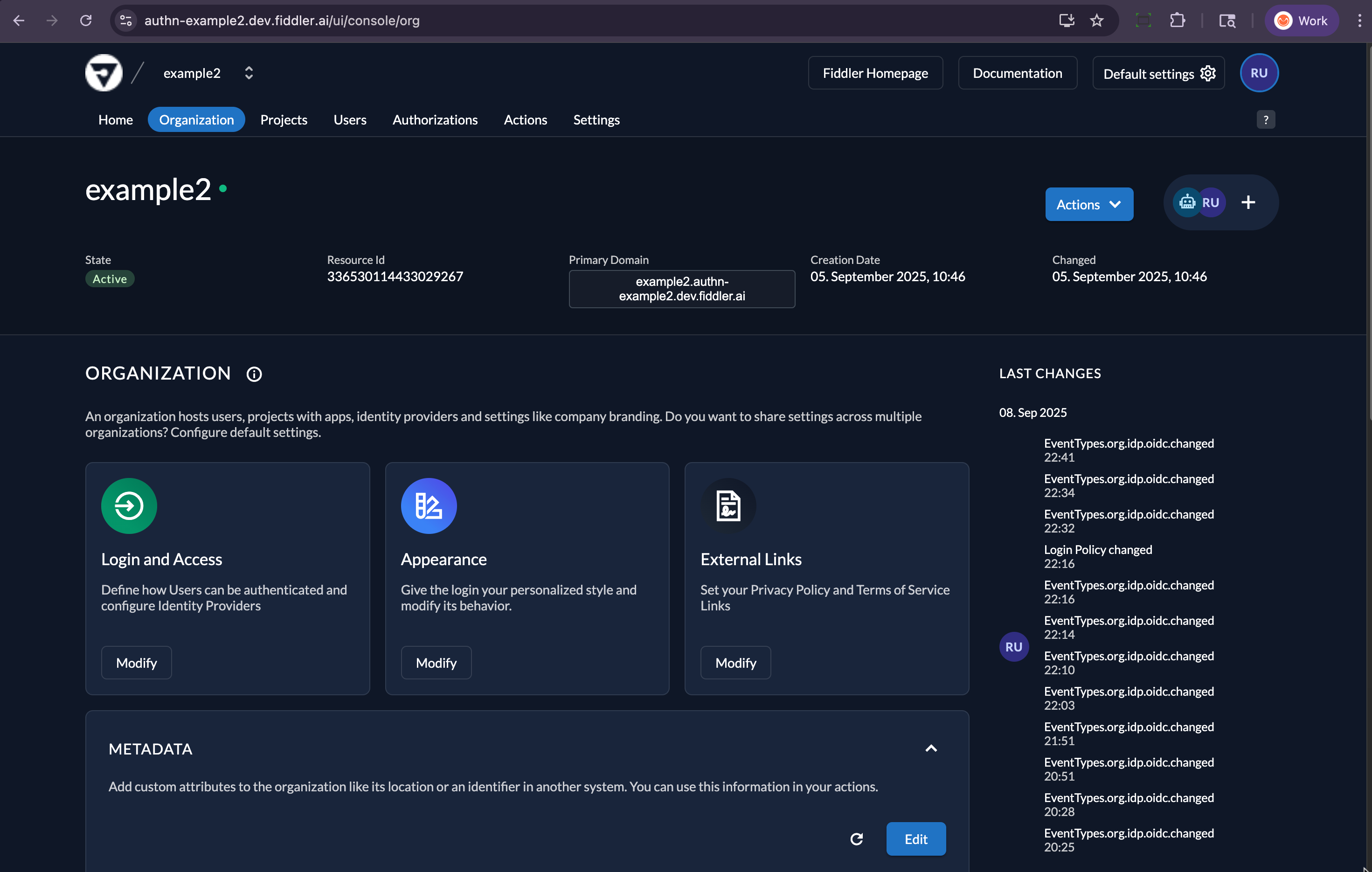 Fiddler AuthN admin console organization home page