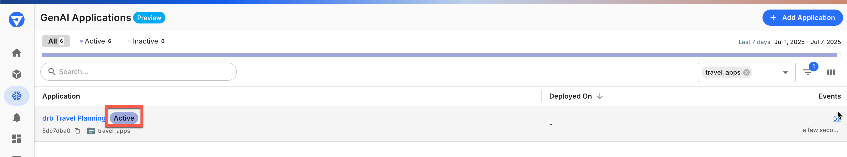 GenAI application showing active status