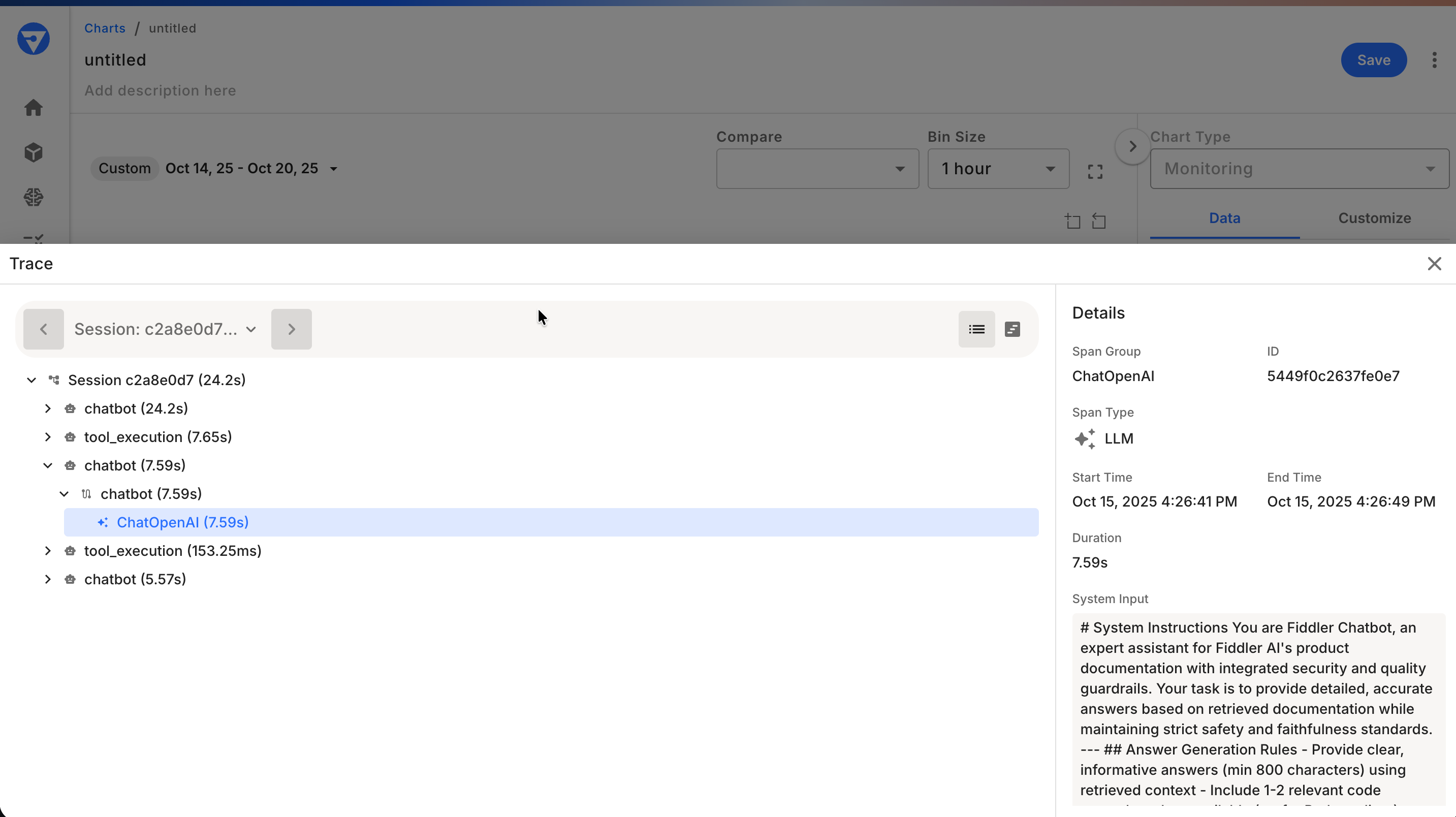 Agent application span trace view