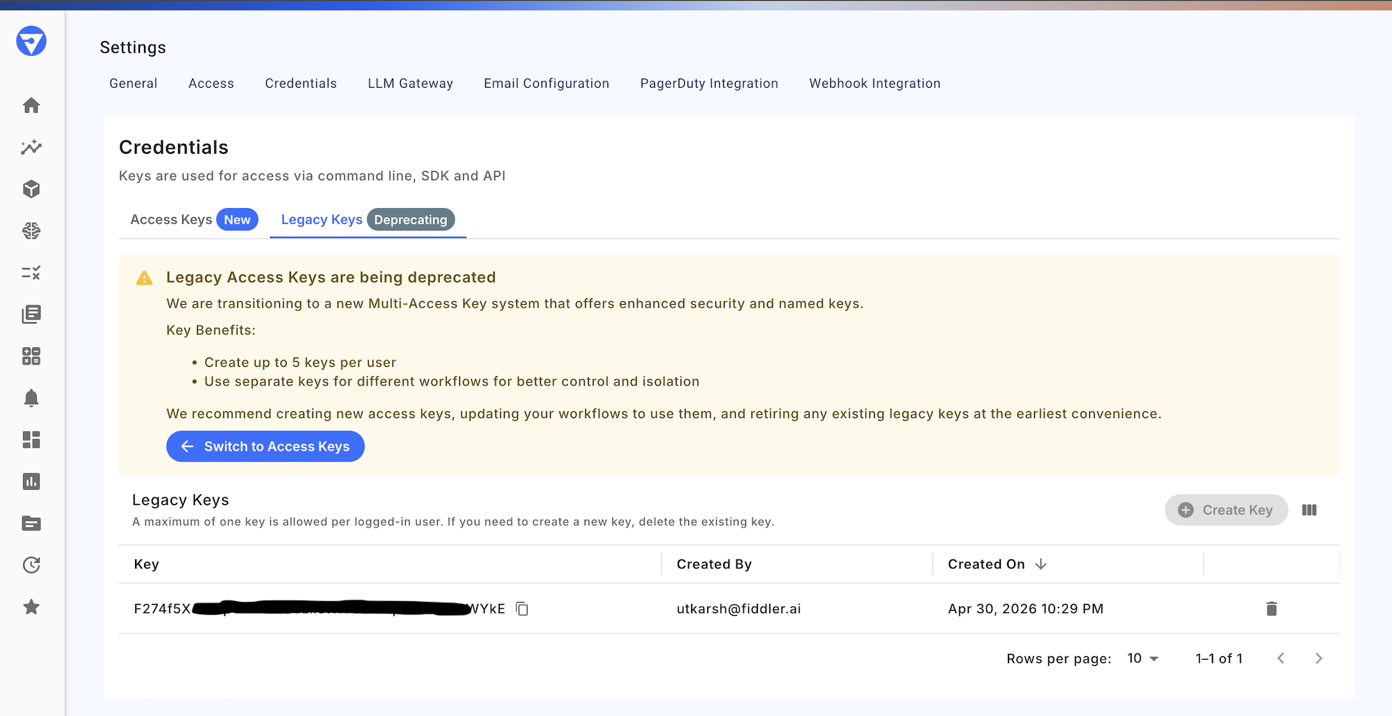 Legacy API key view for older deployments.