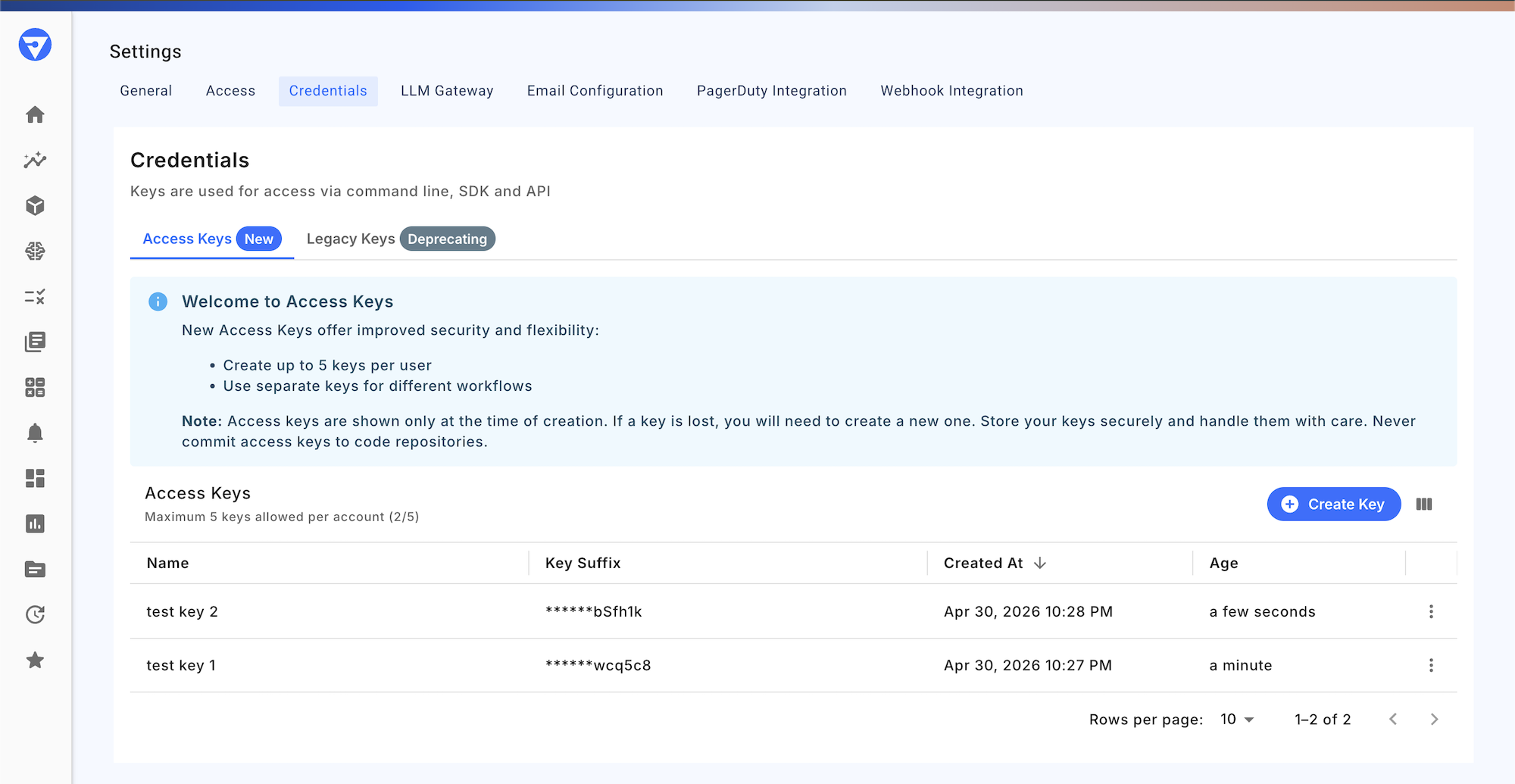 Credentials tab showing the list of named API keys.