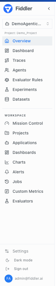 The redesigned Fiddler left sidebar with an application selected: the application's own pages on top, and the org-wide Workspace areas below