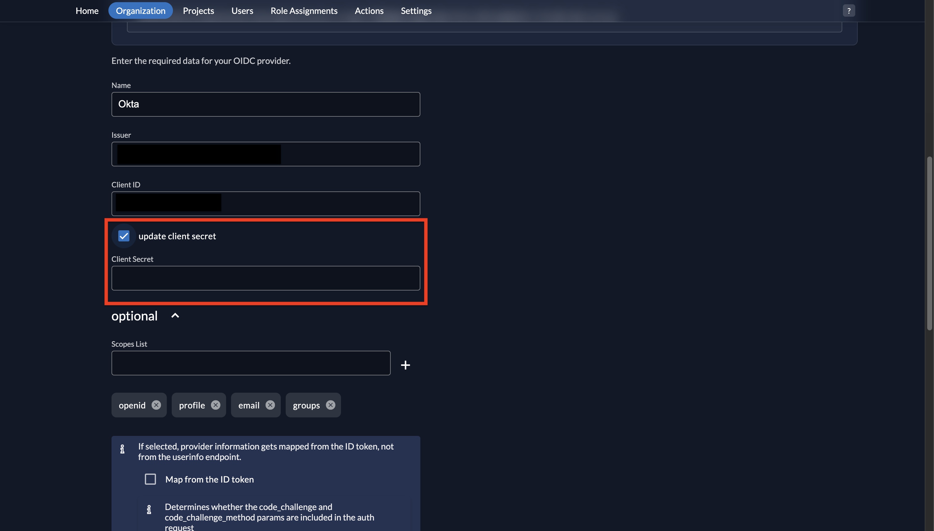 Fiddler AuthN console identity provider edit page showing the Update Client Secret field