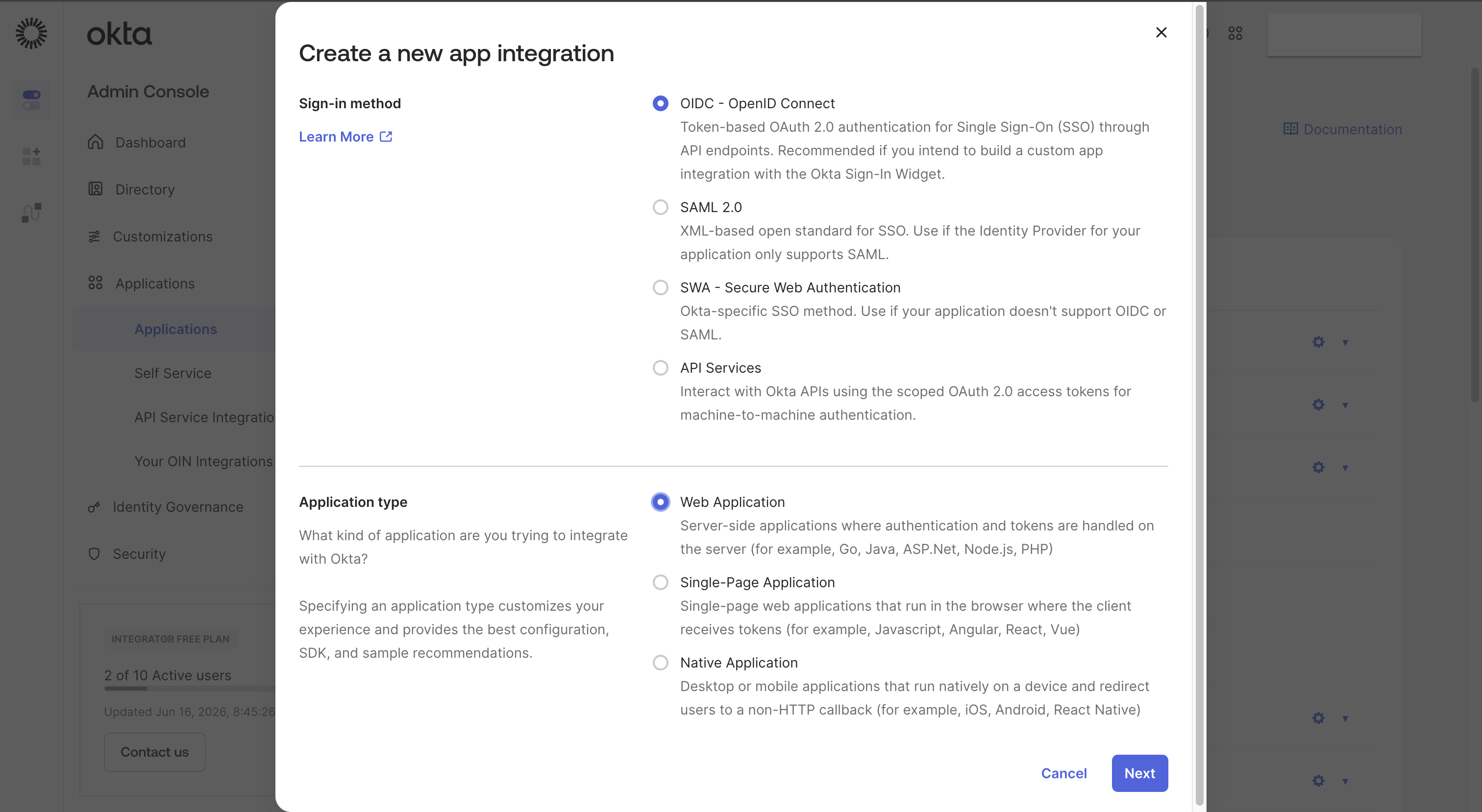 Okta admin console applications list
