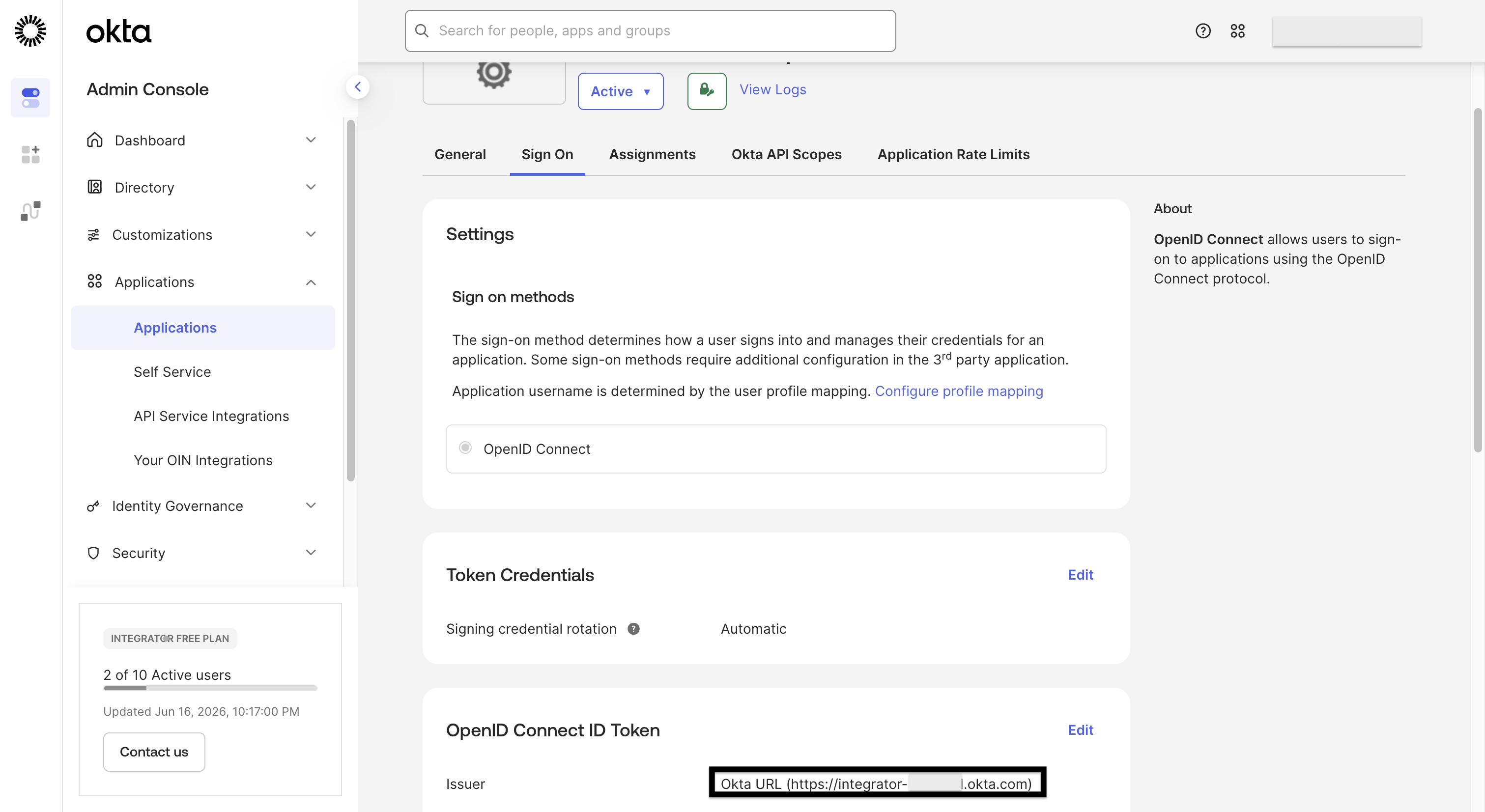 Okta admin console application page with the Issuer URL