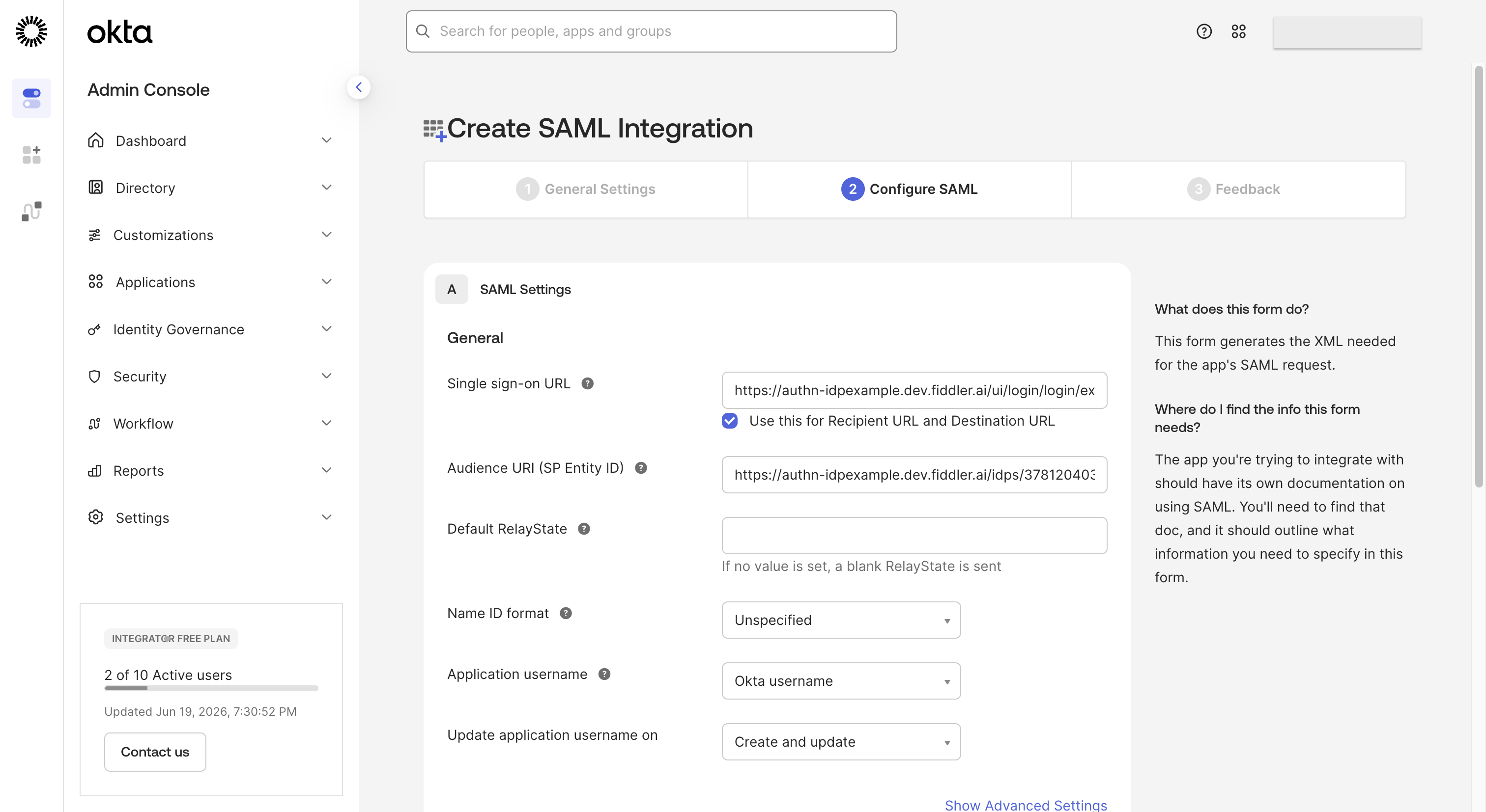 Okta admin console configure SAML settings