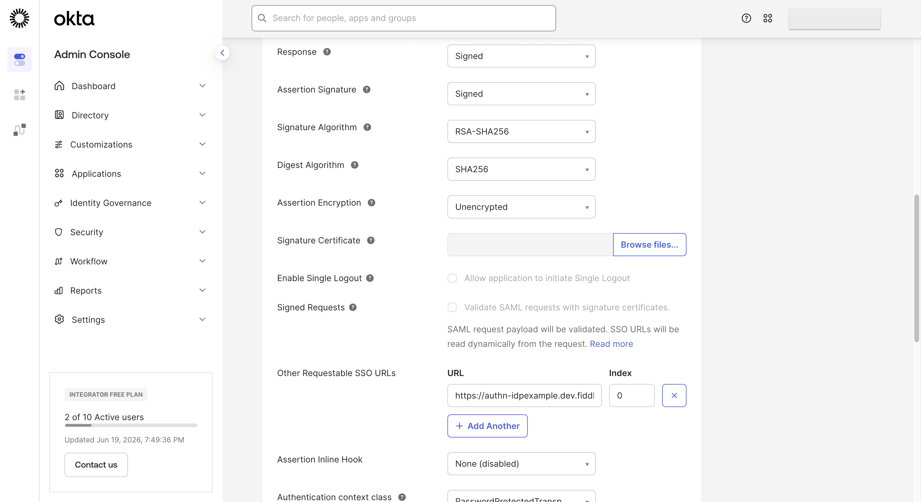 Okta admin console configure SAML settings - requestable URL