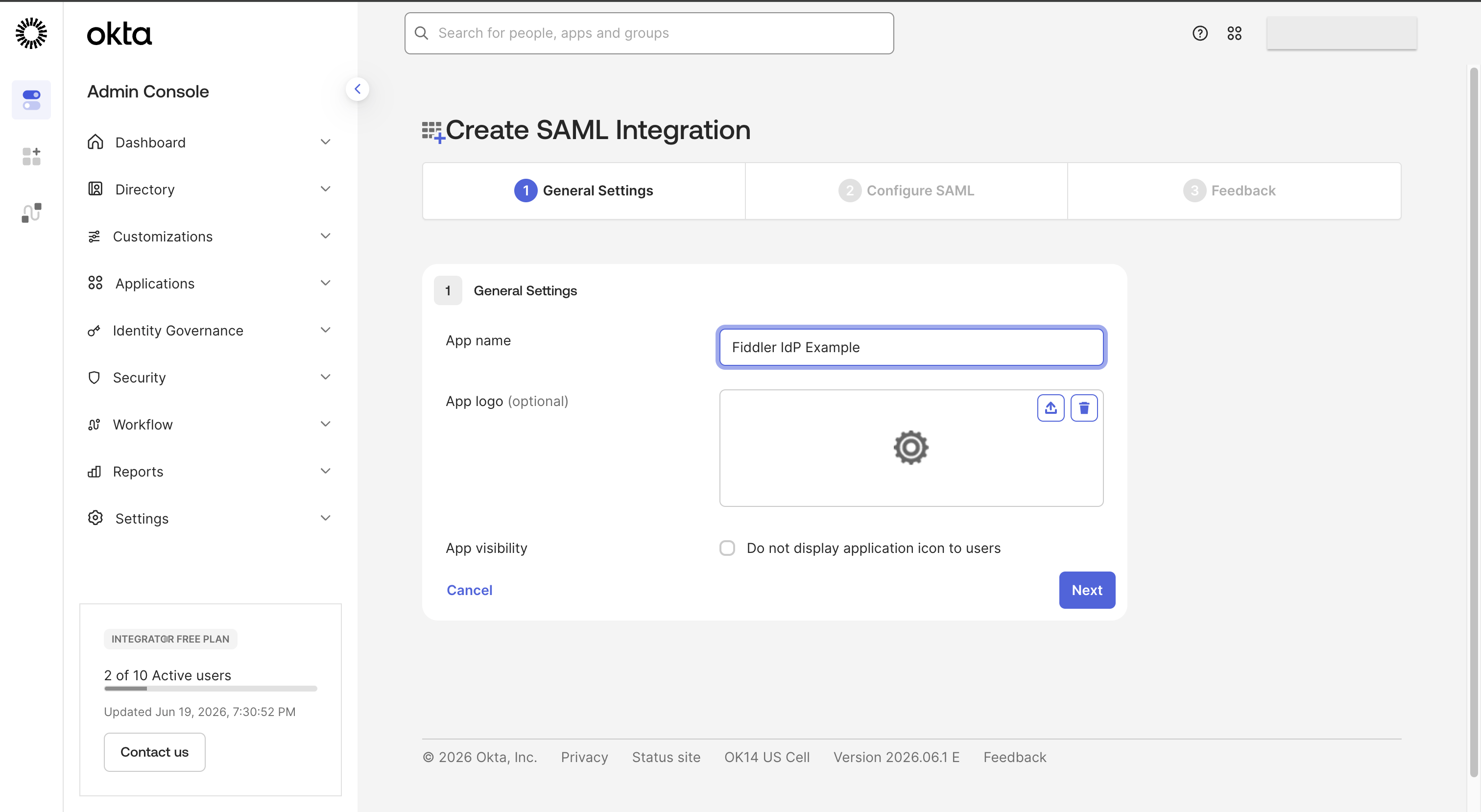 Okta admin console enter your new app name