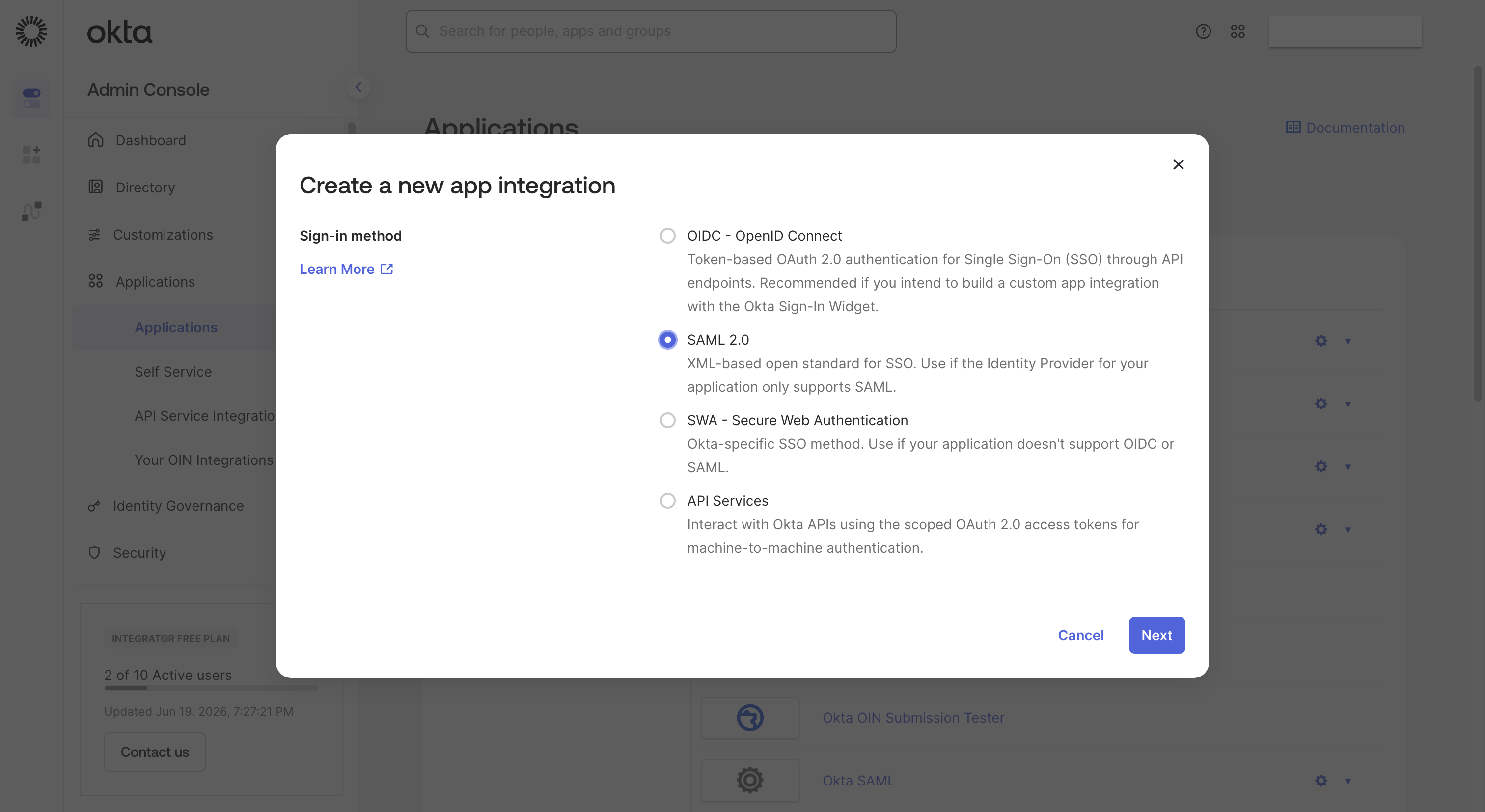 Okta admin console Applications page