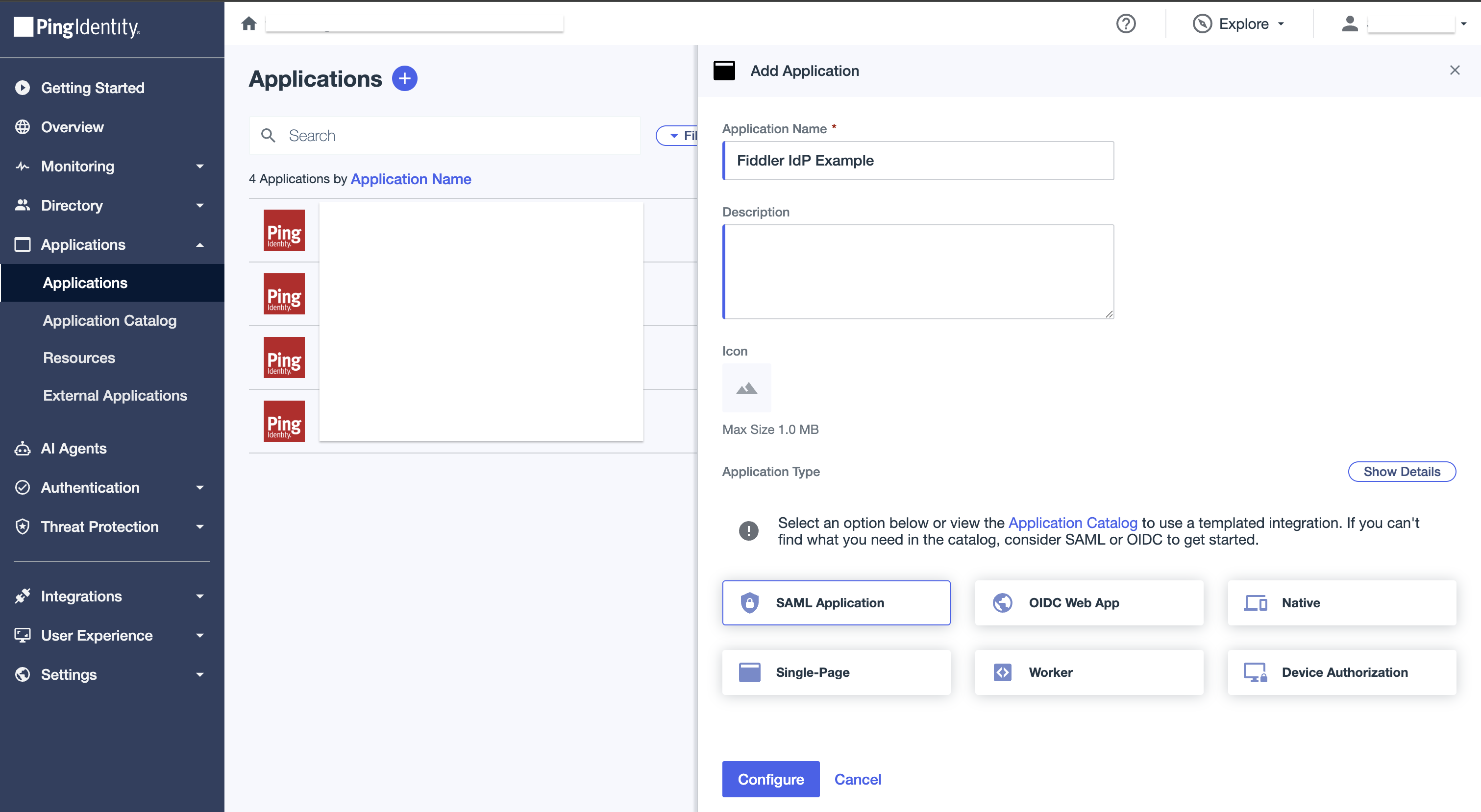 PingOne admin console SAML application name and type