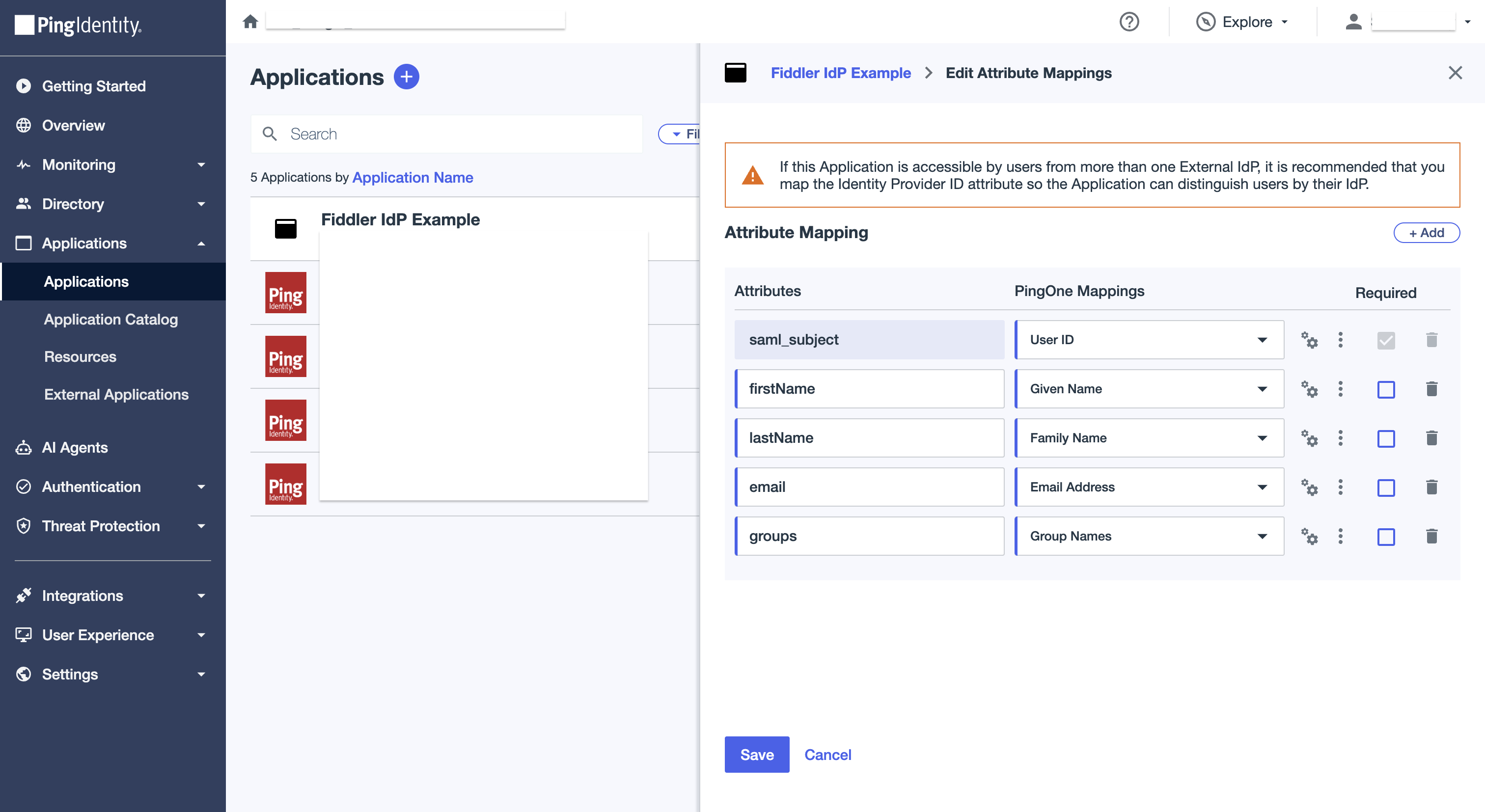 PingOne admin console SAML attribute mappings