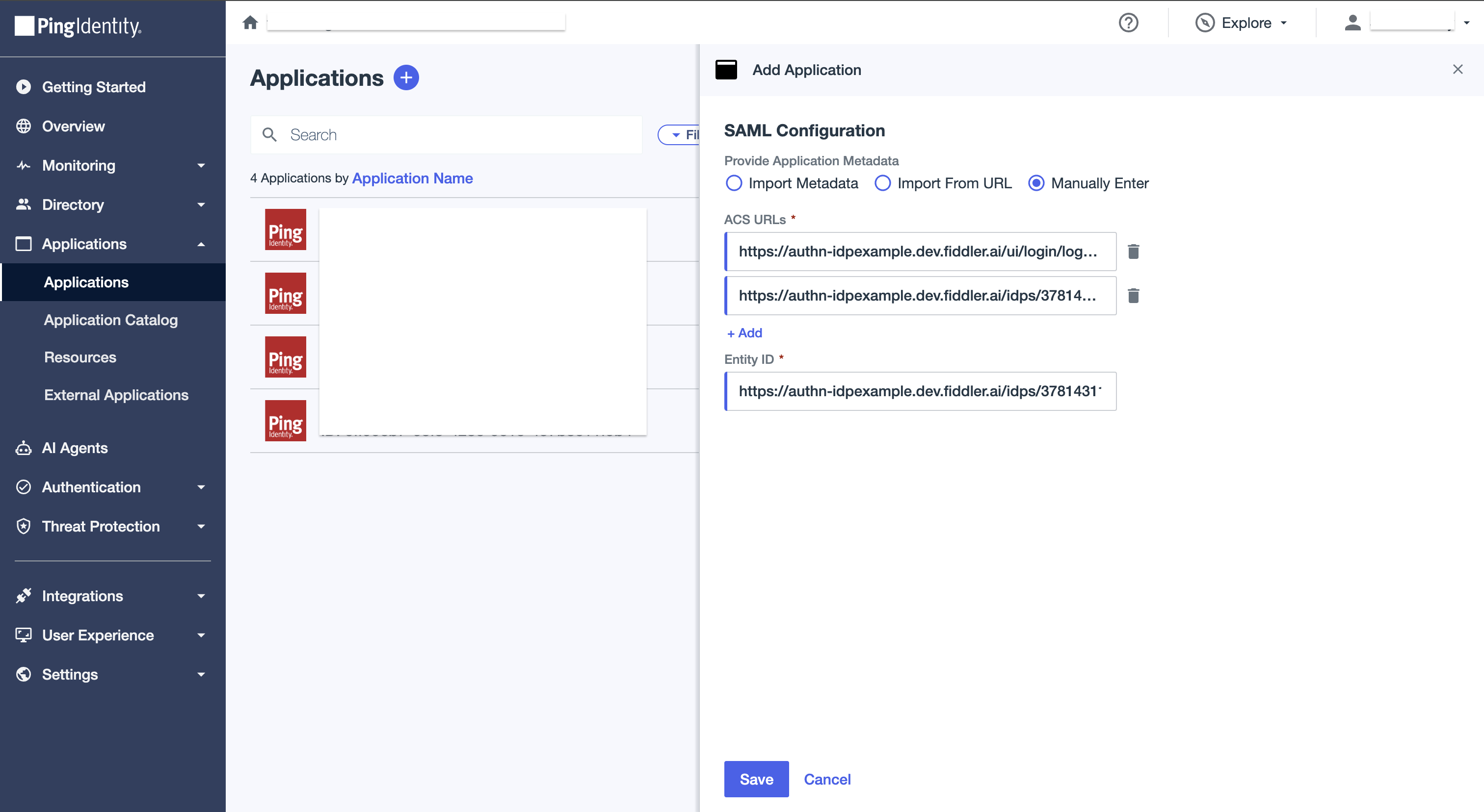 PingOne admin console SAML configuration