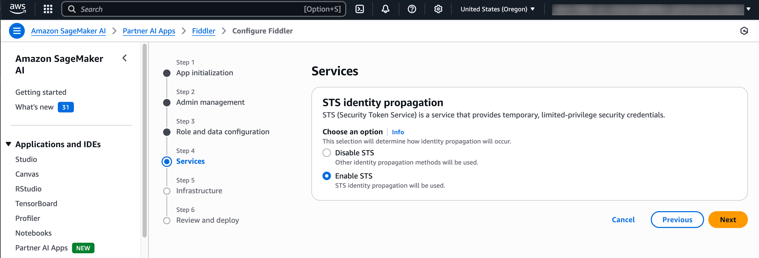Step 4 of Fiddler Partner AI App provision and deploy wizard: STS identity option