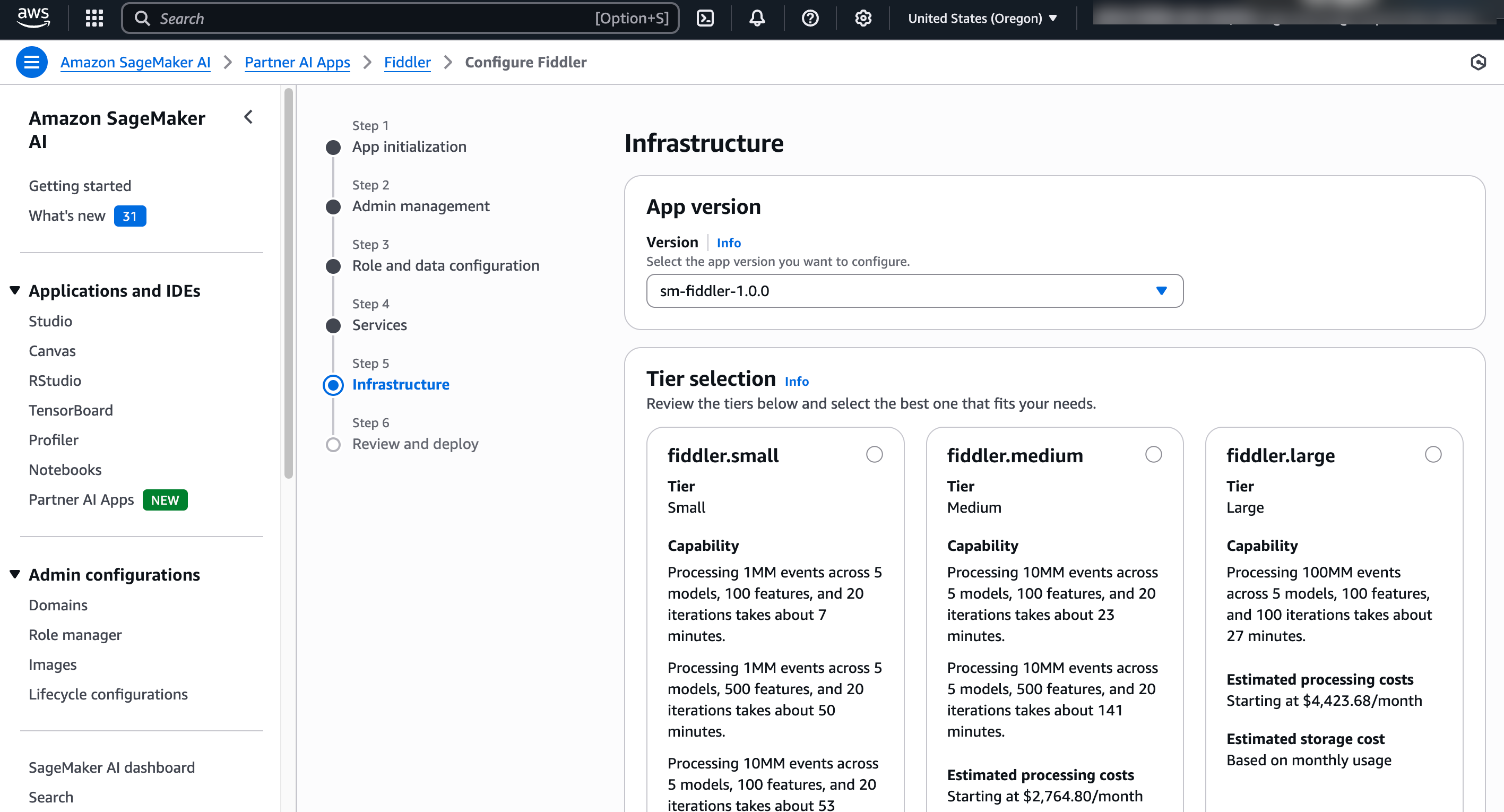 Step 5 of Fiddler Partner AI App provision and deploy wizard: choose infrastructure tier size