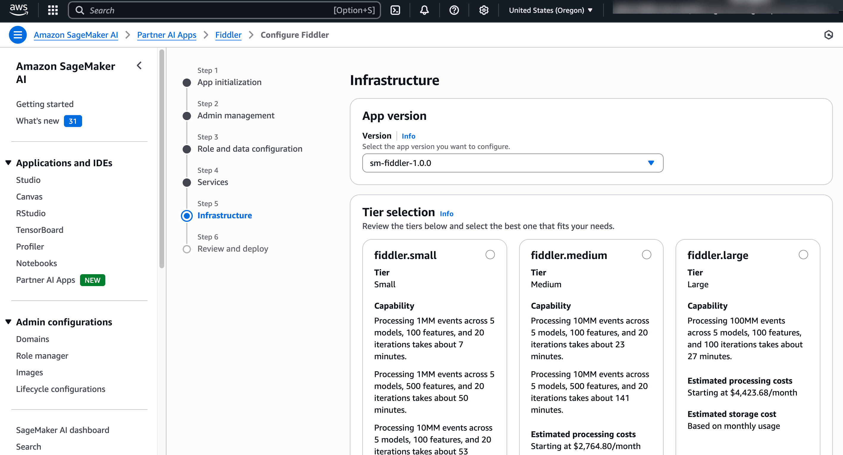 Step 5 of Fiddler Partner AI App provision and deploy wizard: choose infrastructure tier size