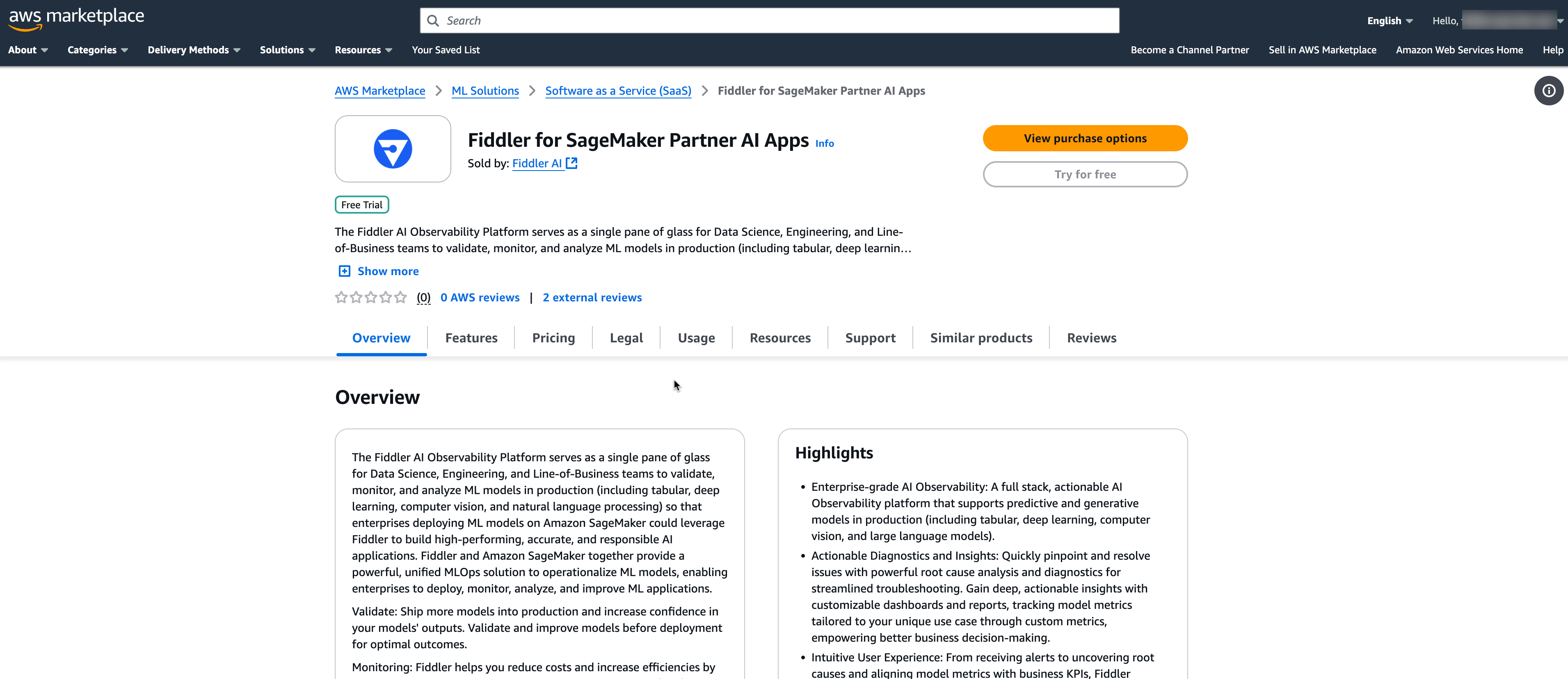Fiddler Partner AI App page in AWS Marketplace