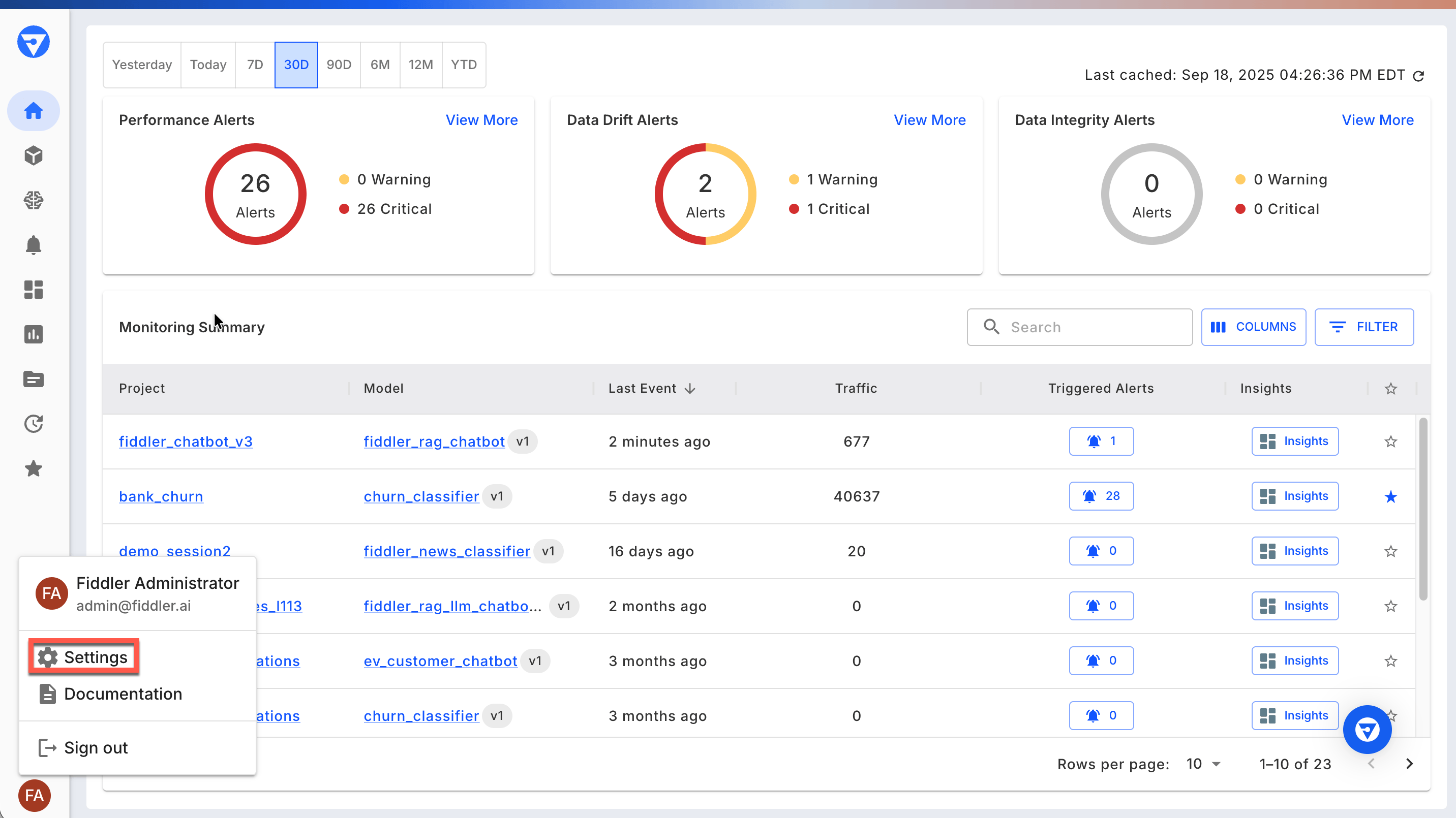 Fiddler home page showing the user menu open and highlighting the Settings link.