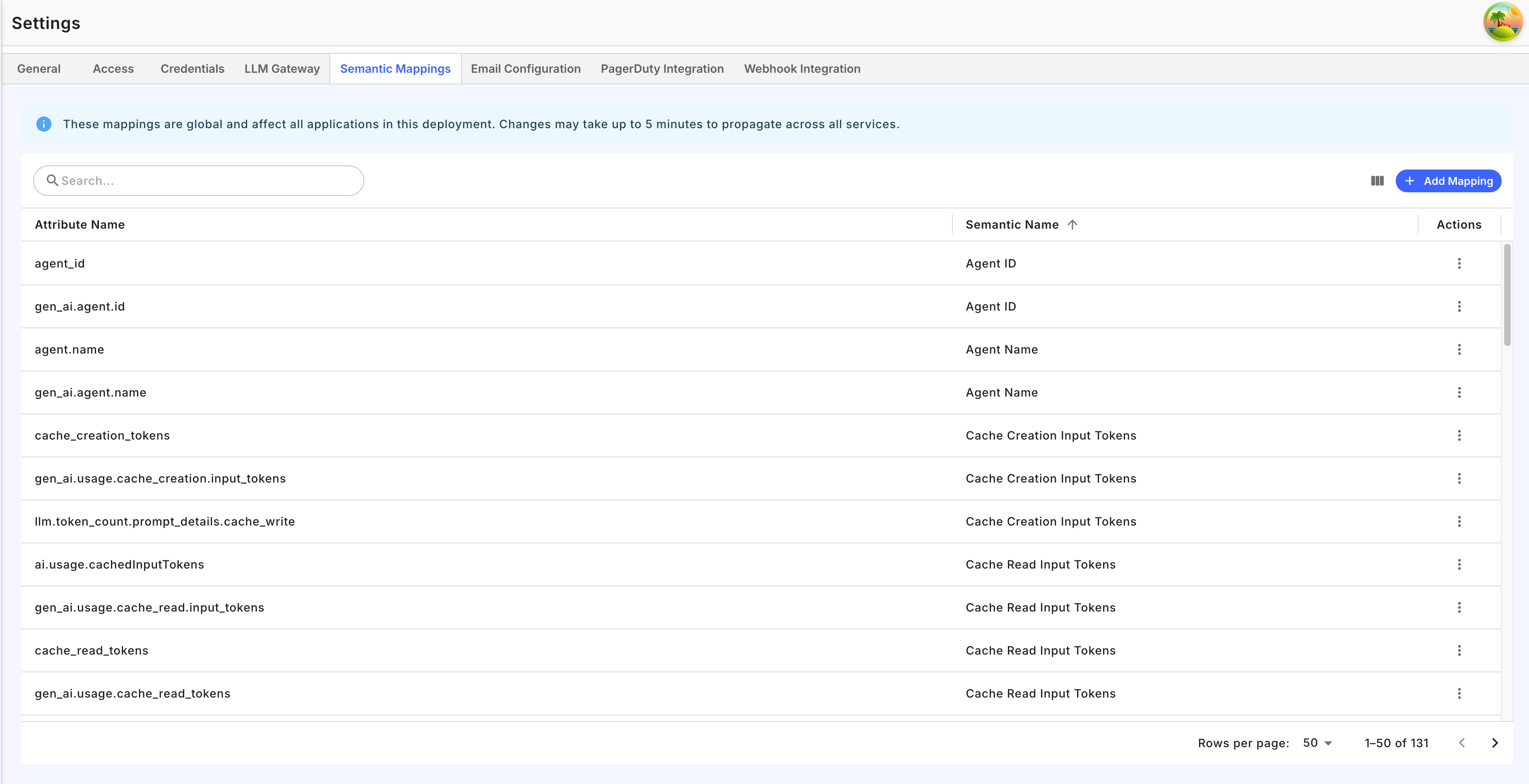 Semantic Mappings tab showing attribute name to semantic name mappings