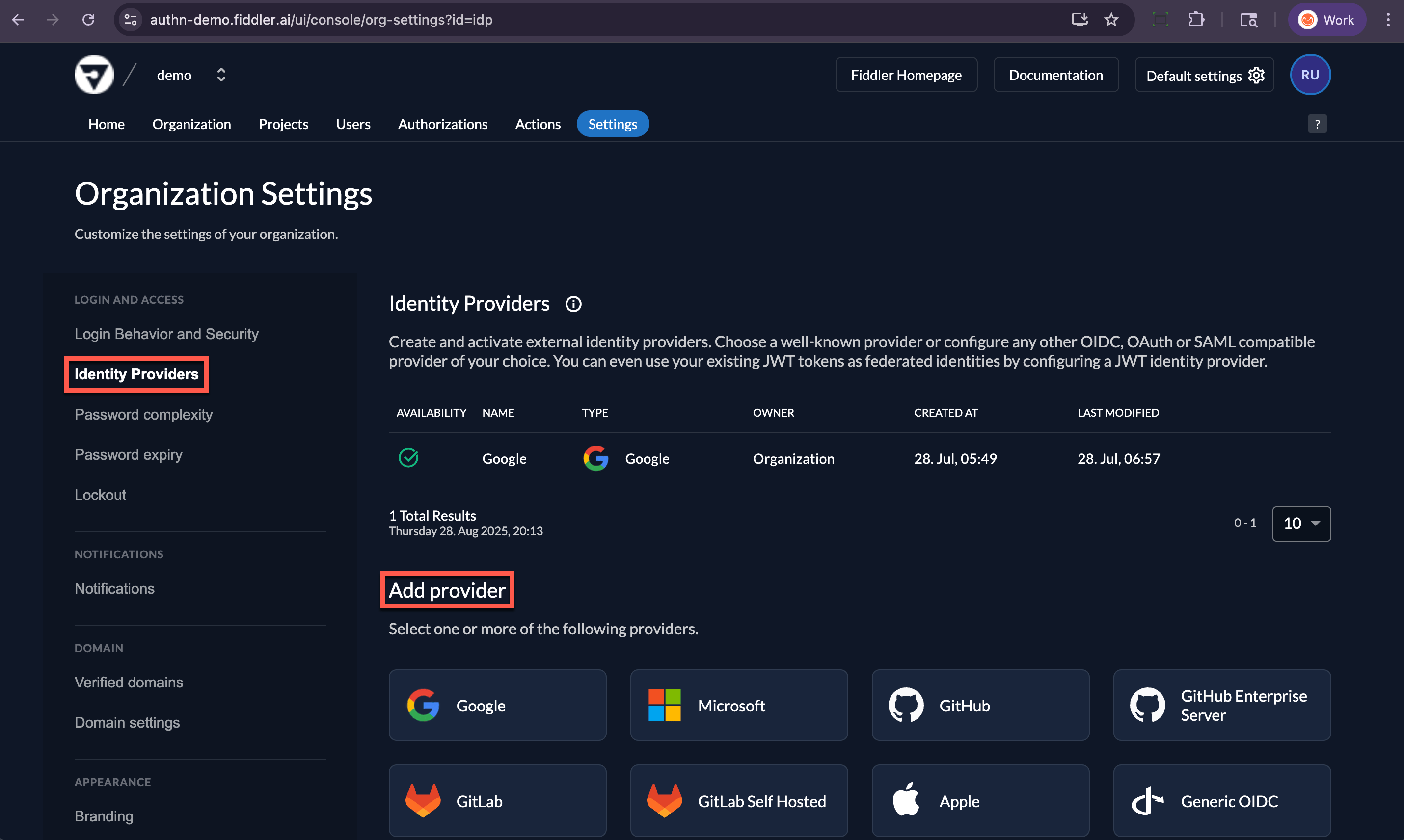 AuthN console org settings page