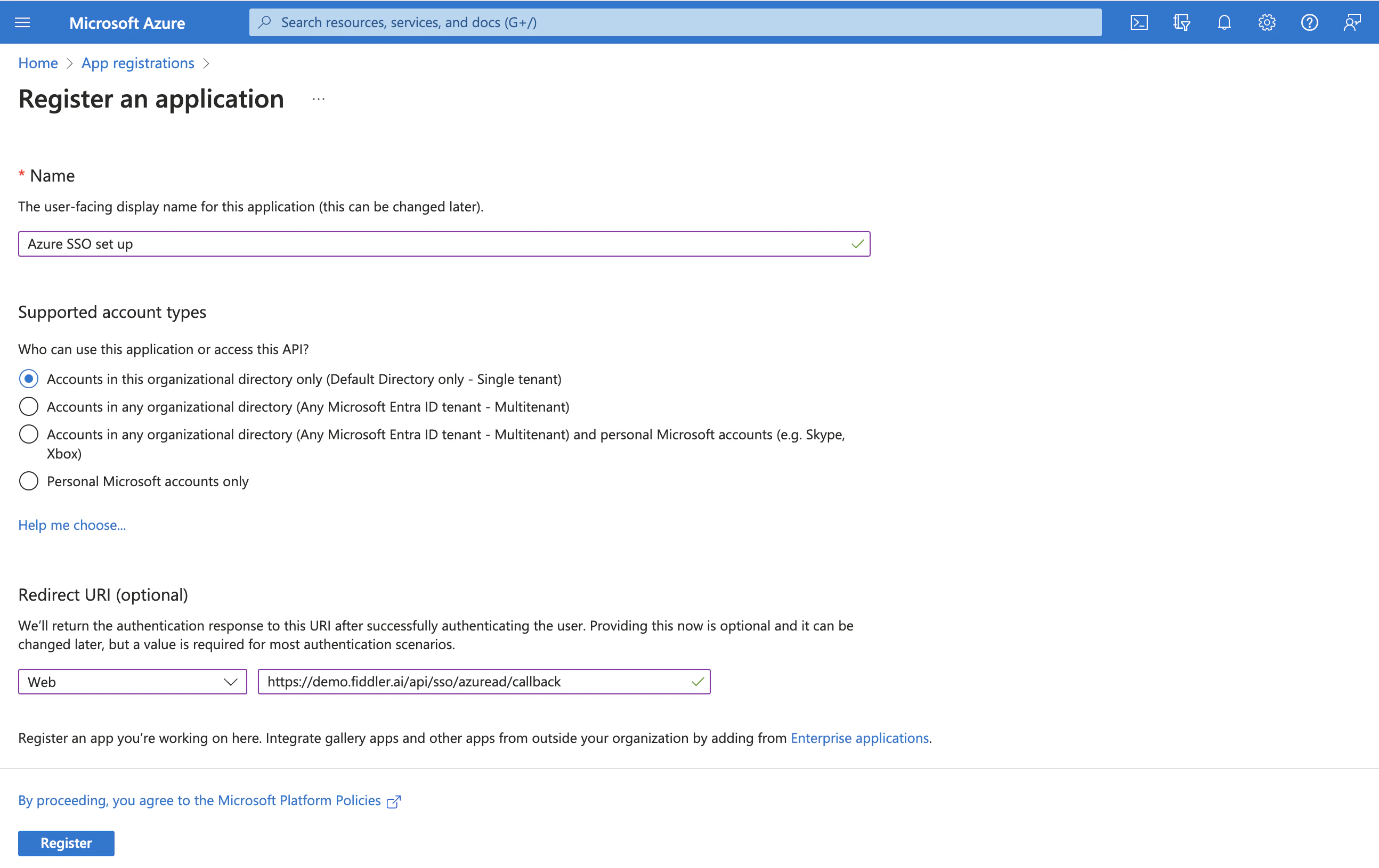 register an application - screenshot