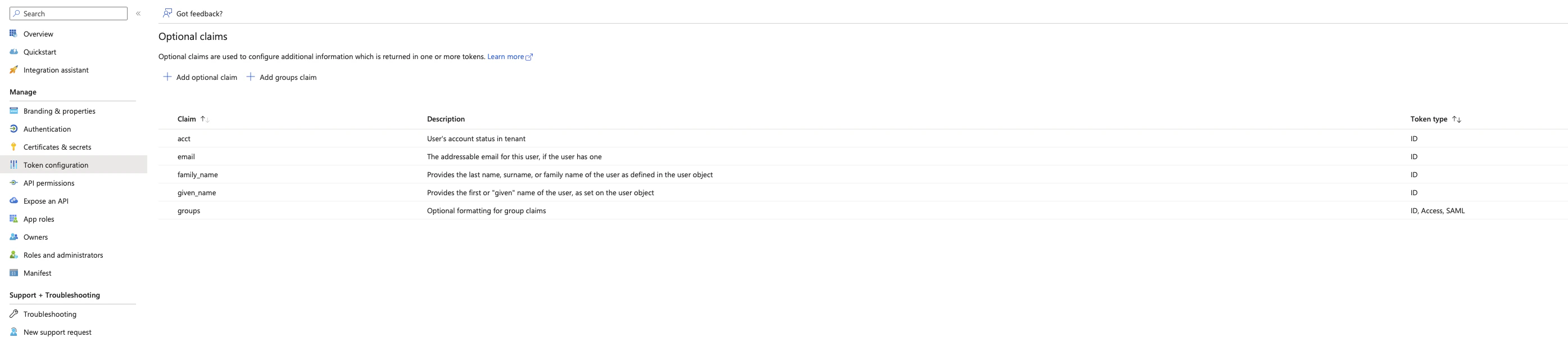 Configured Token Permissions includes acct, email, family_name, given_name and groups