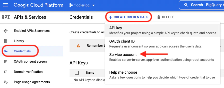 APIs & Services credentials landing page showing the Credentials left navigation link and the Create Credentials button highlighted.