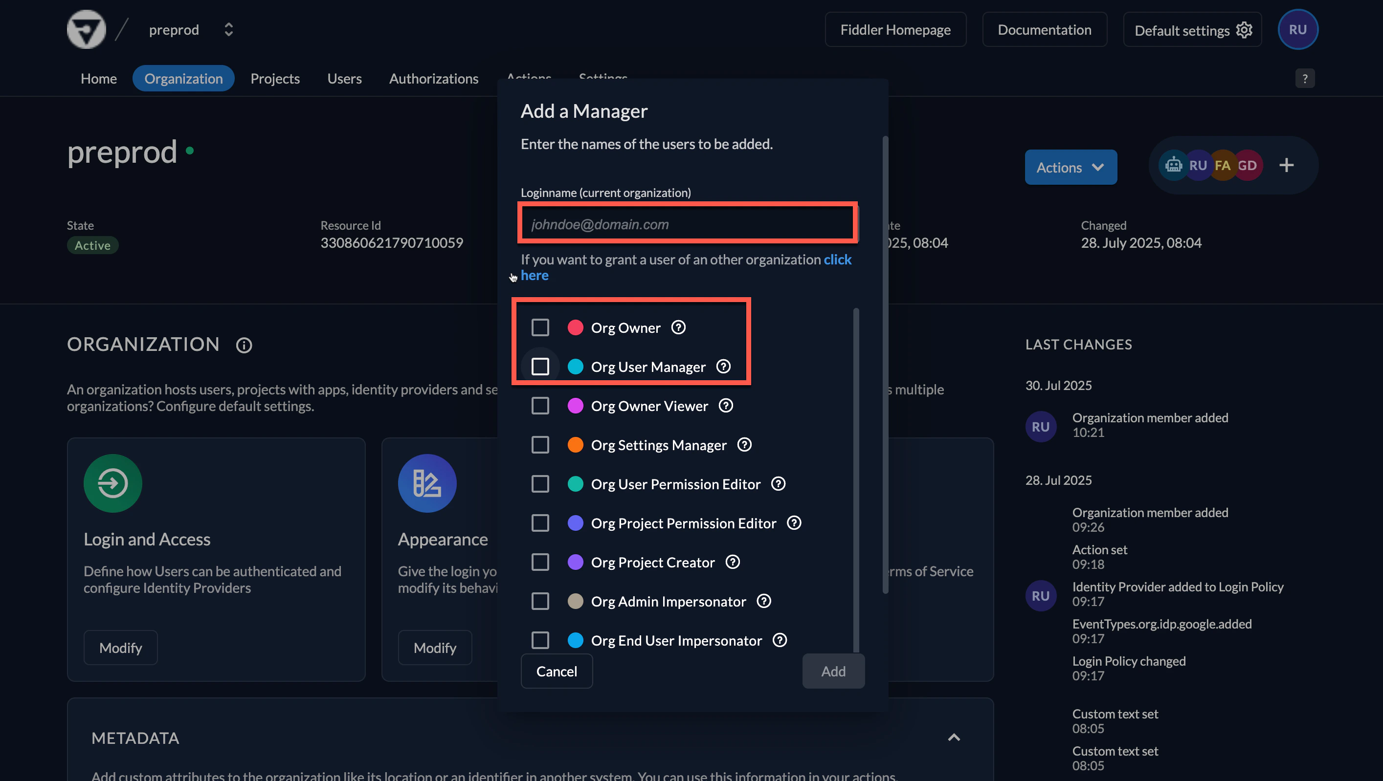 Selecting a role for a user in the Fiddler user management console