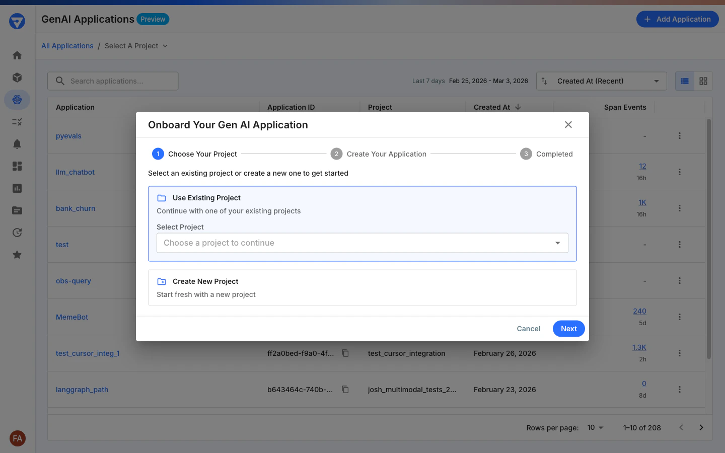 Add Application dialog showing options to use an existing project or create a new one