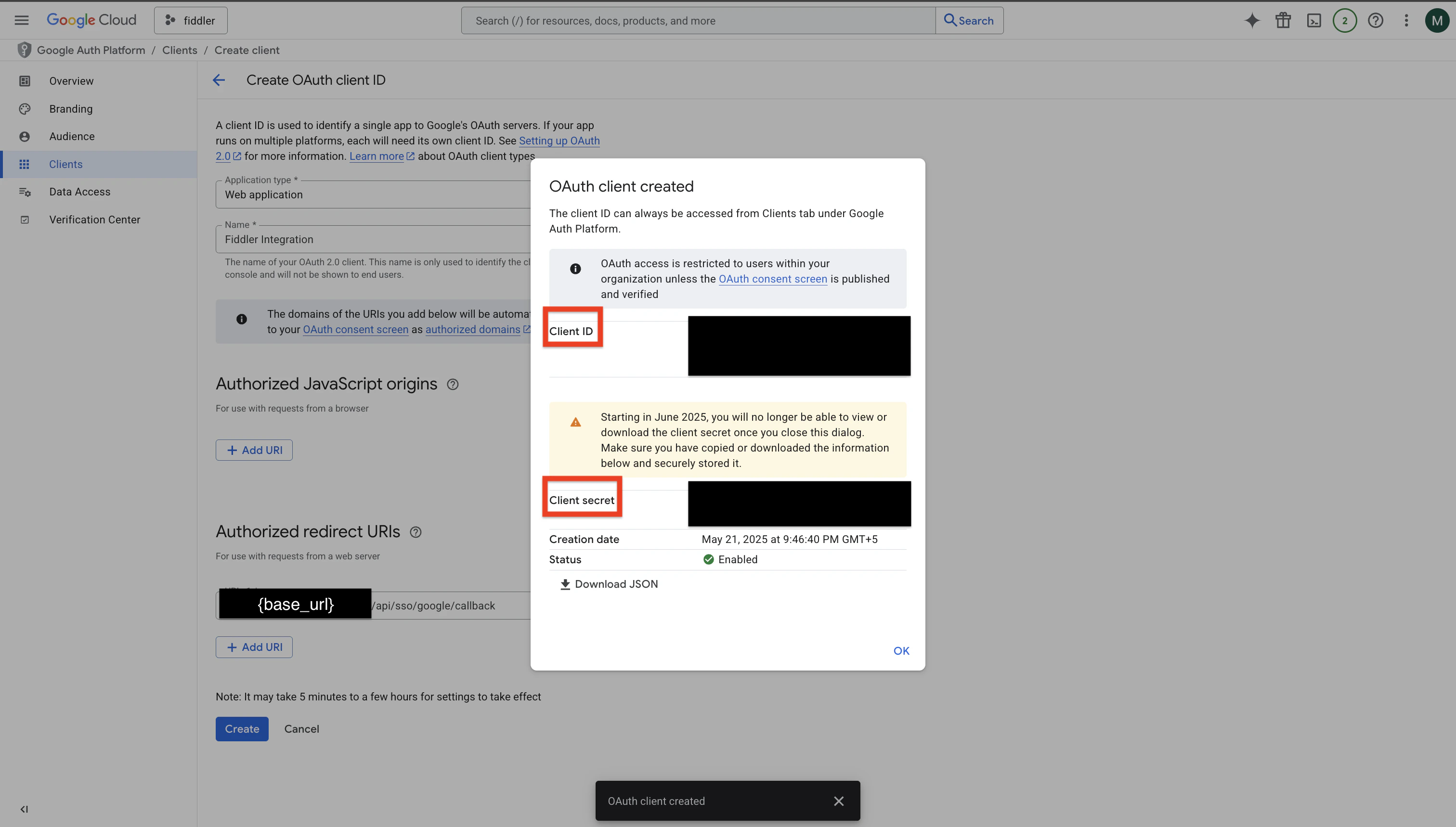 Copy OAuth Client ID and Client secret