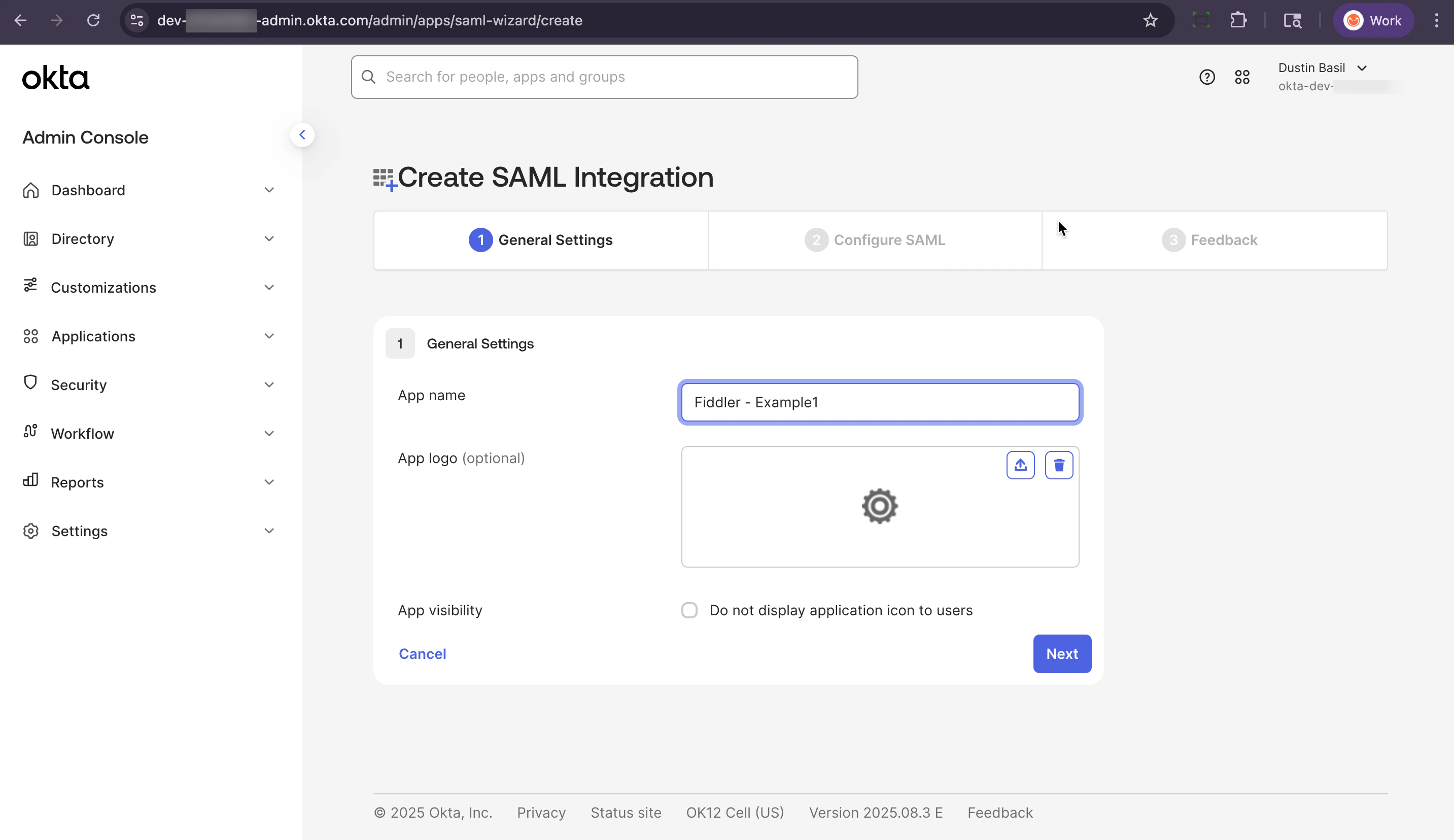 Okta admin console enter your new app name