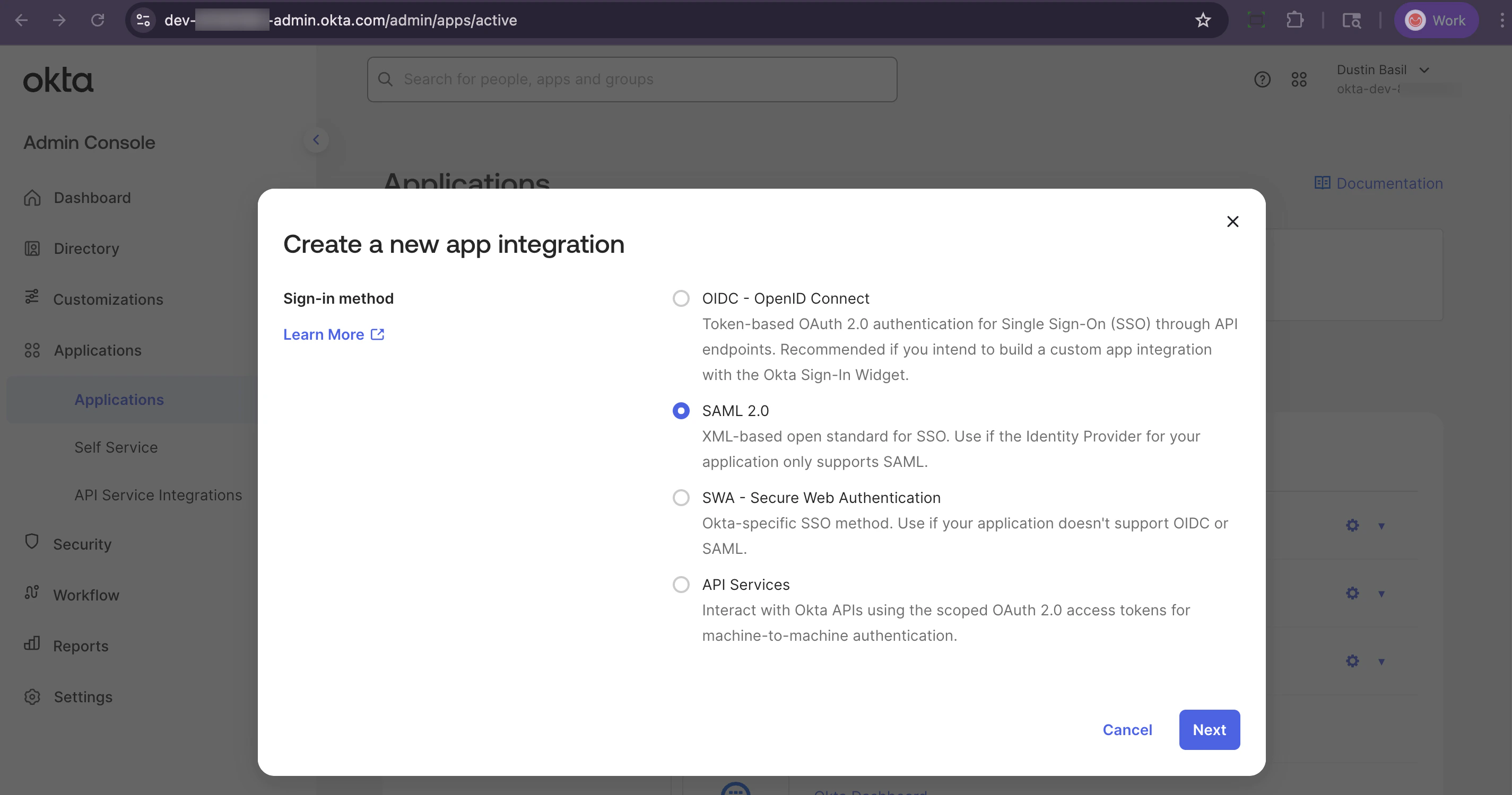Okta admin console select SAML 2.0 sign-in method