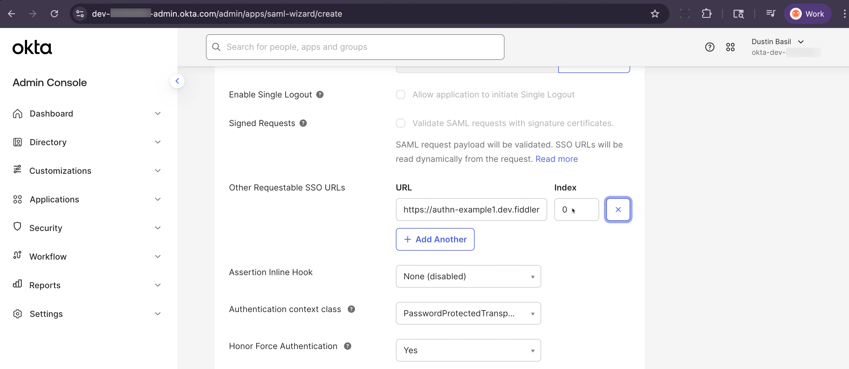 Okta admin console configure SAML settings - requestable URL