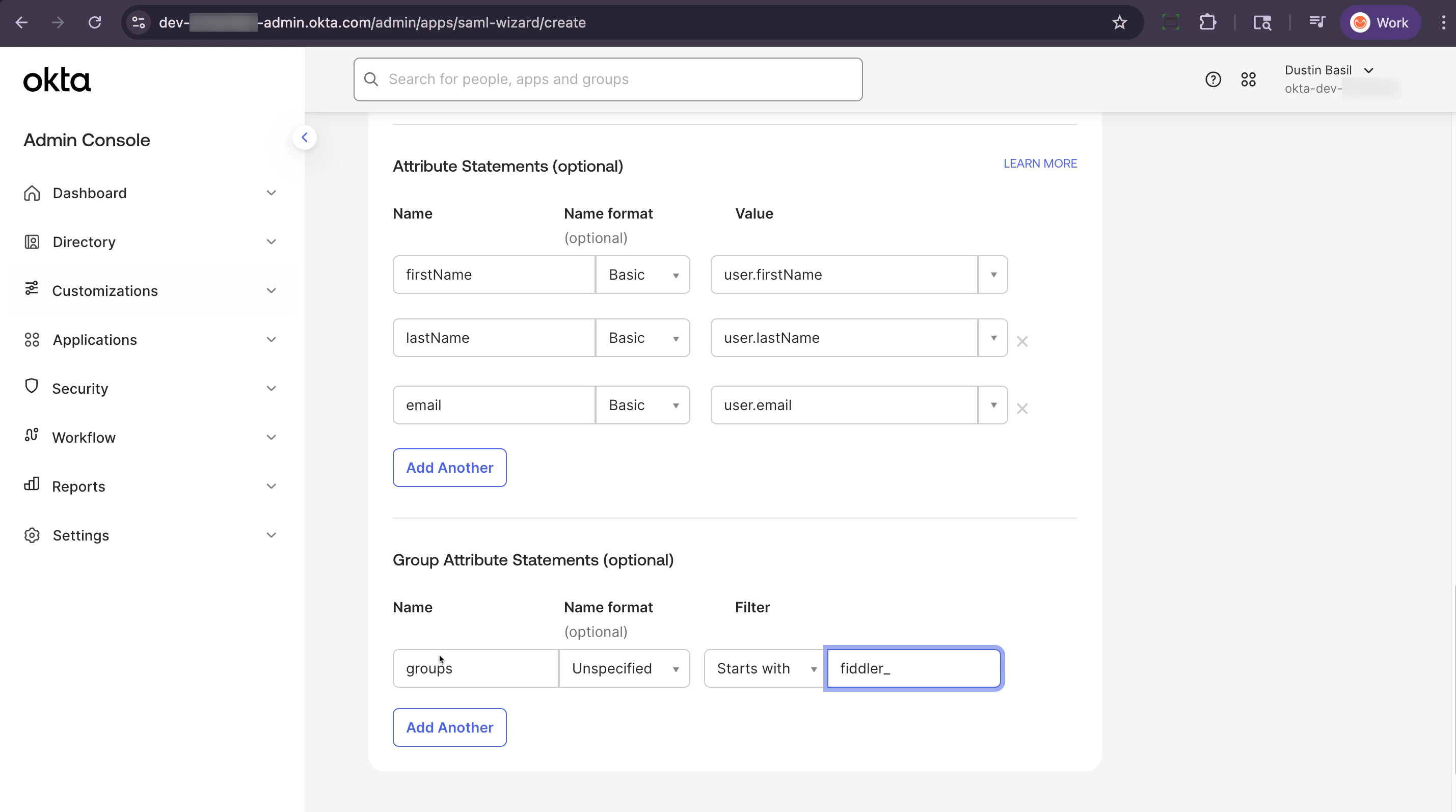 Okta admin console configure SAML settings - attribute statements